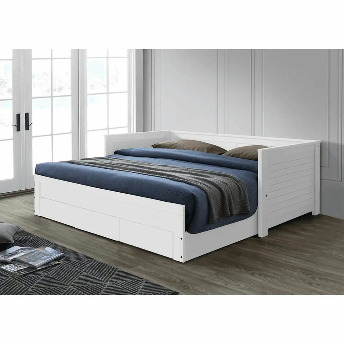 Pat extensibil GORETA 90x200/180x200, alb, cu somiera si 3 sertare pentru depozitare