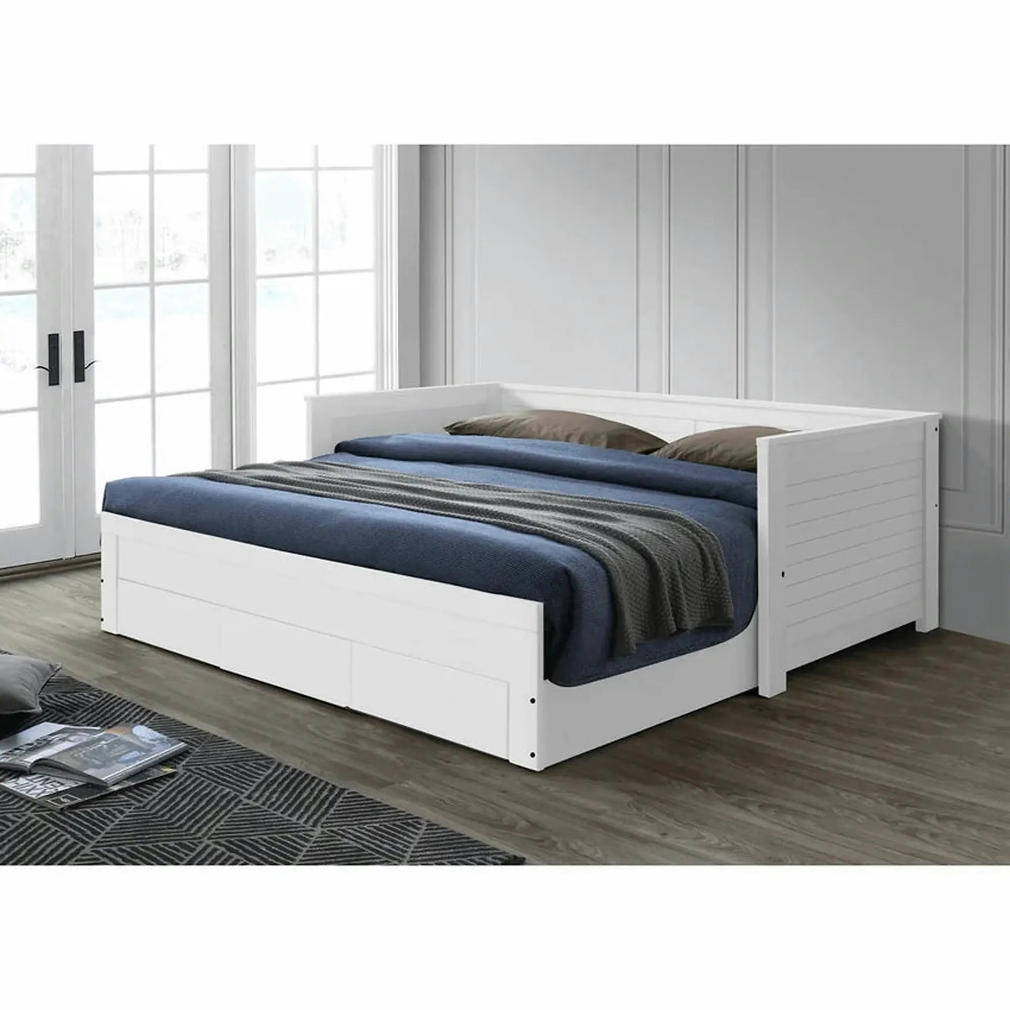 Pat extensibil GORETA 90x200/180x200, alb, cu somiera si 3 sertare pentru depozitare
