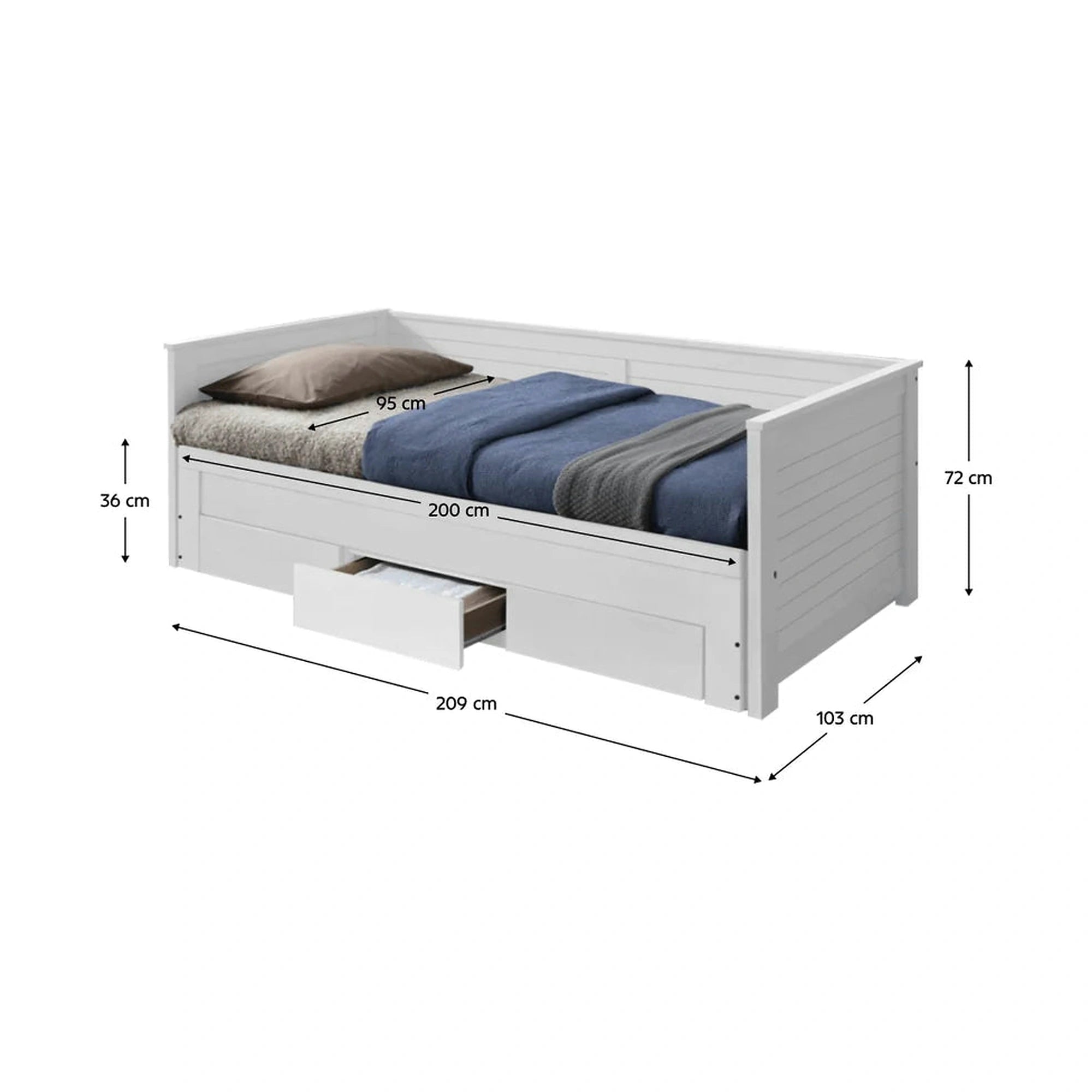Pat extensibil GORETA 90x200/180x200, alb, cu somiera si 3 sertare pentru depozitare