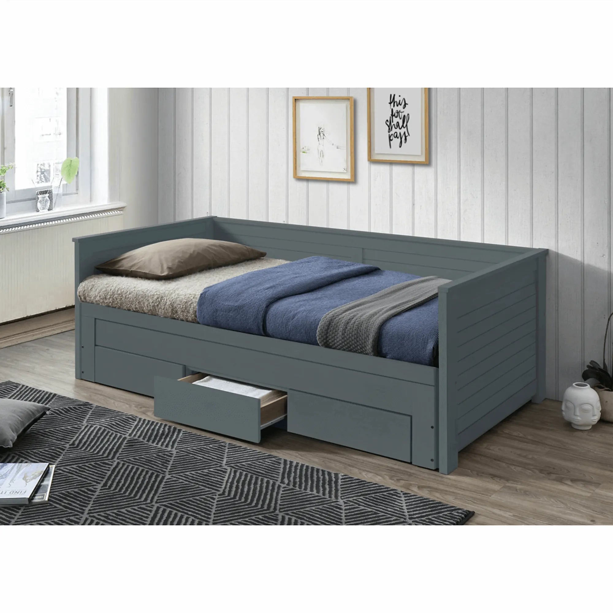 Pat extensibil GORETA, 90x200/180x200, gri, cu somiera si 3 sertare pentru depozitare