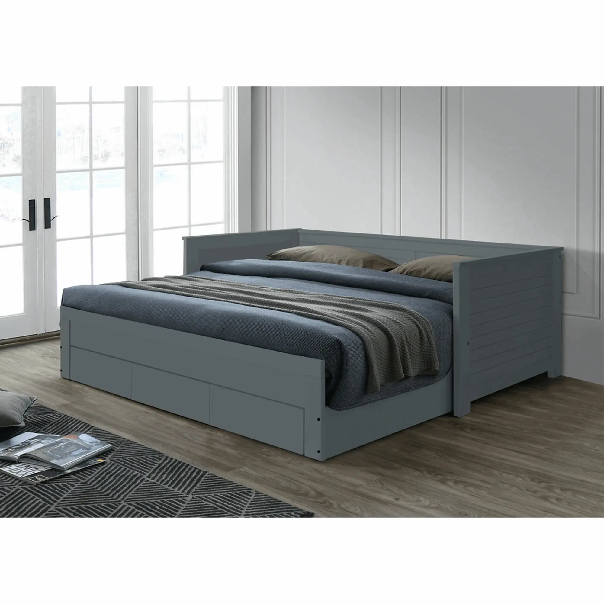 Pat extensibil GORETA, 90x200/180x200, gri, cu somiera si 3 sertare pentru depozitare