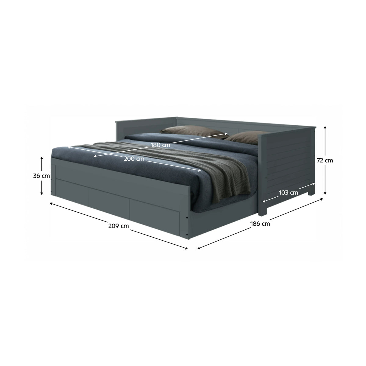 Pat extensibil GORETA, 90x200/180x200, gri, cu somiera si 3 sertare pentru depozitare