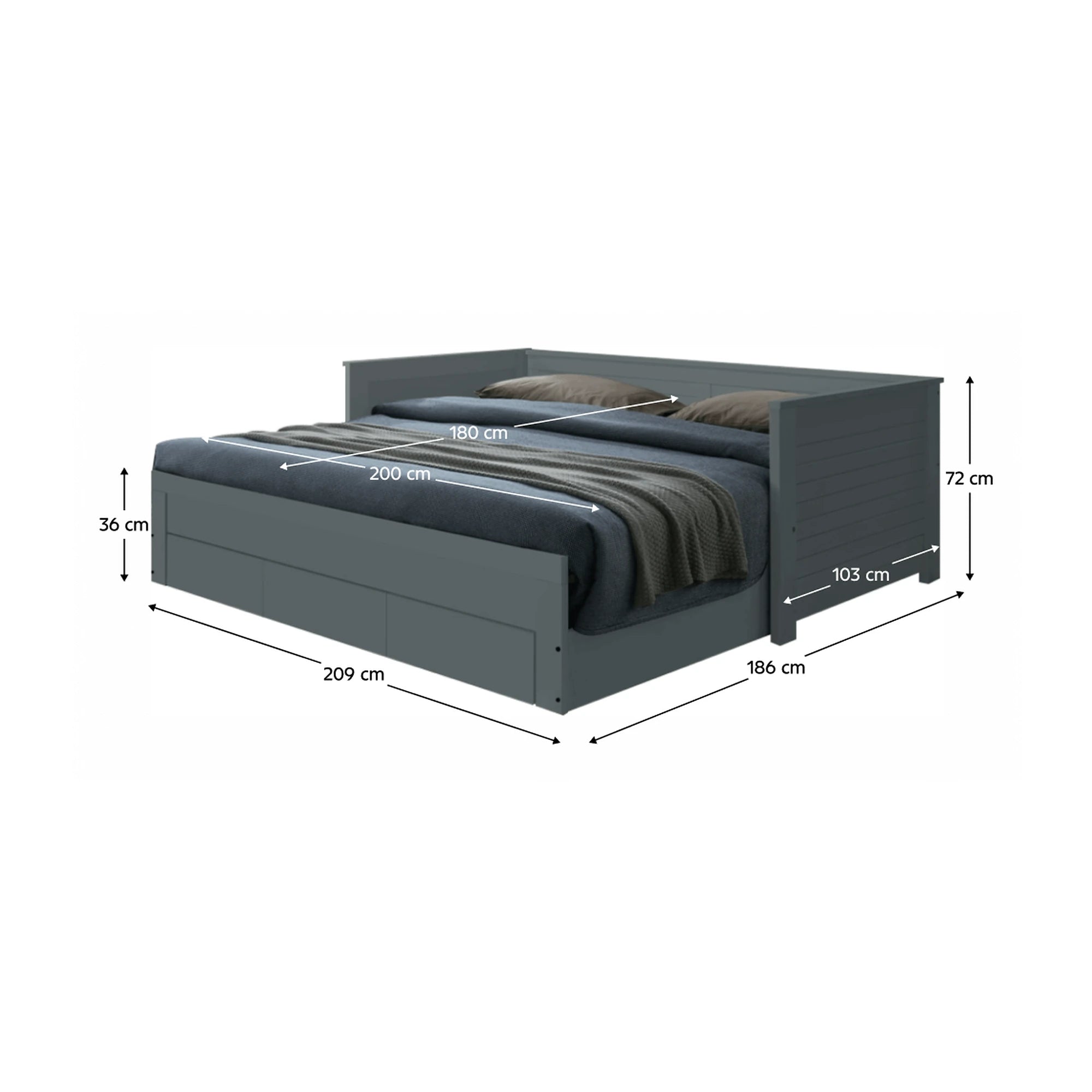 Pat extensibil GORETA, 90x200/180x200, gri, cu somiera si 3 sertare pentru depozitare