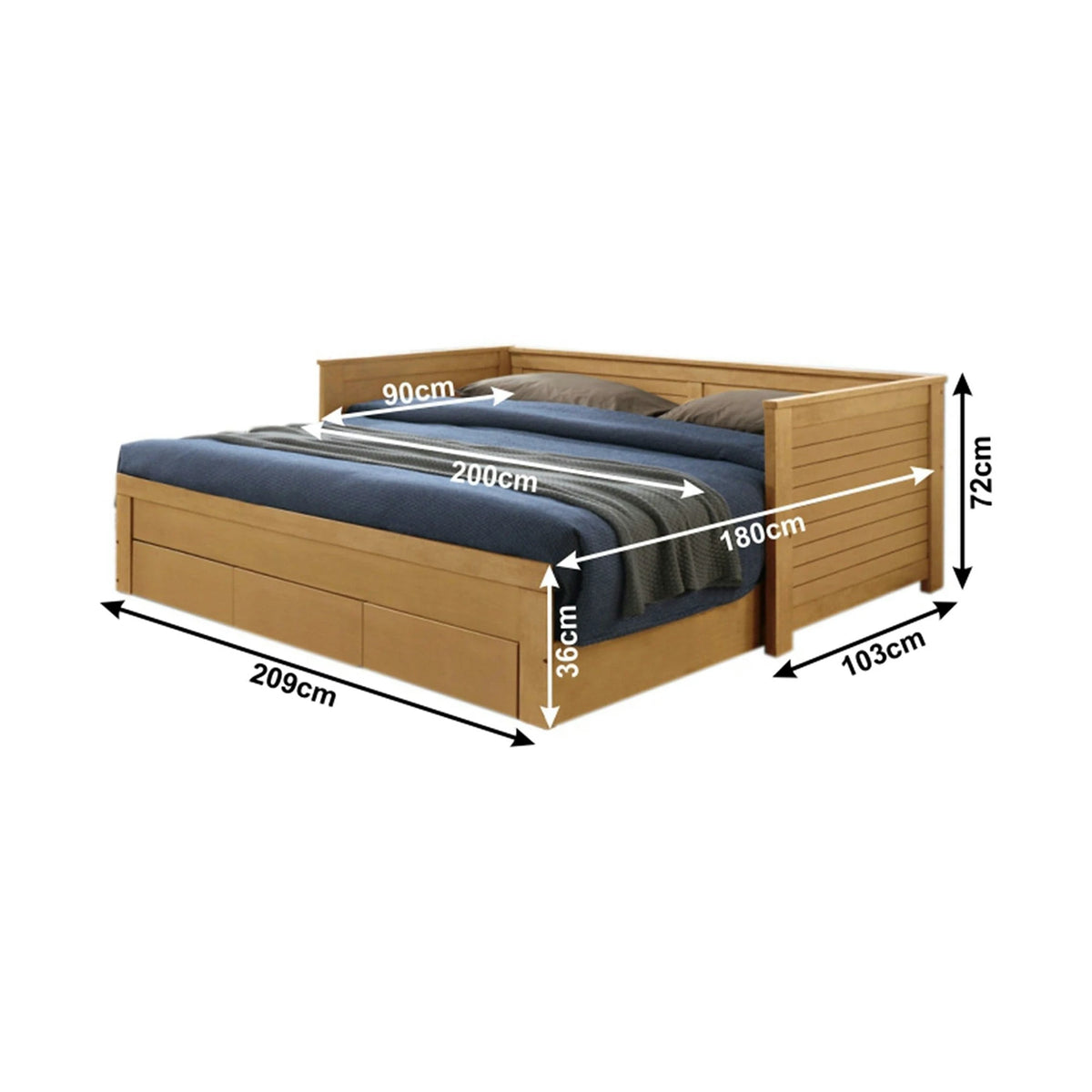 Pat extensibil GORETA 90x200/180x200, stejar, cu somiera si 3 sertare