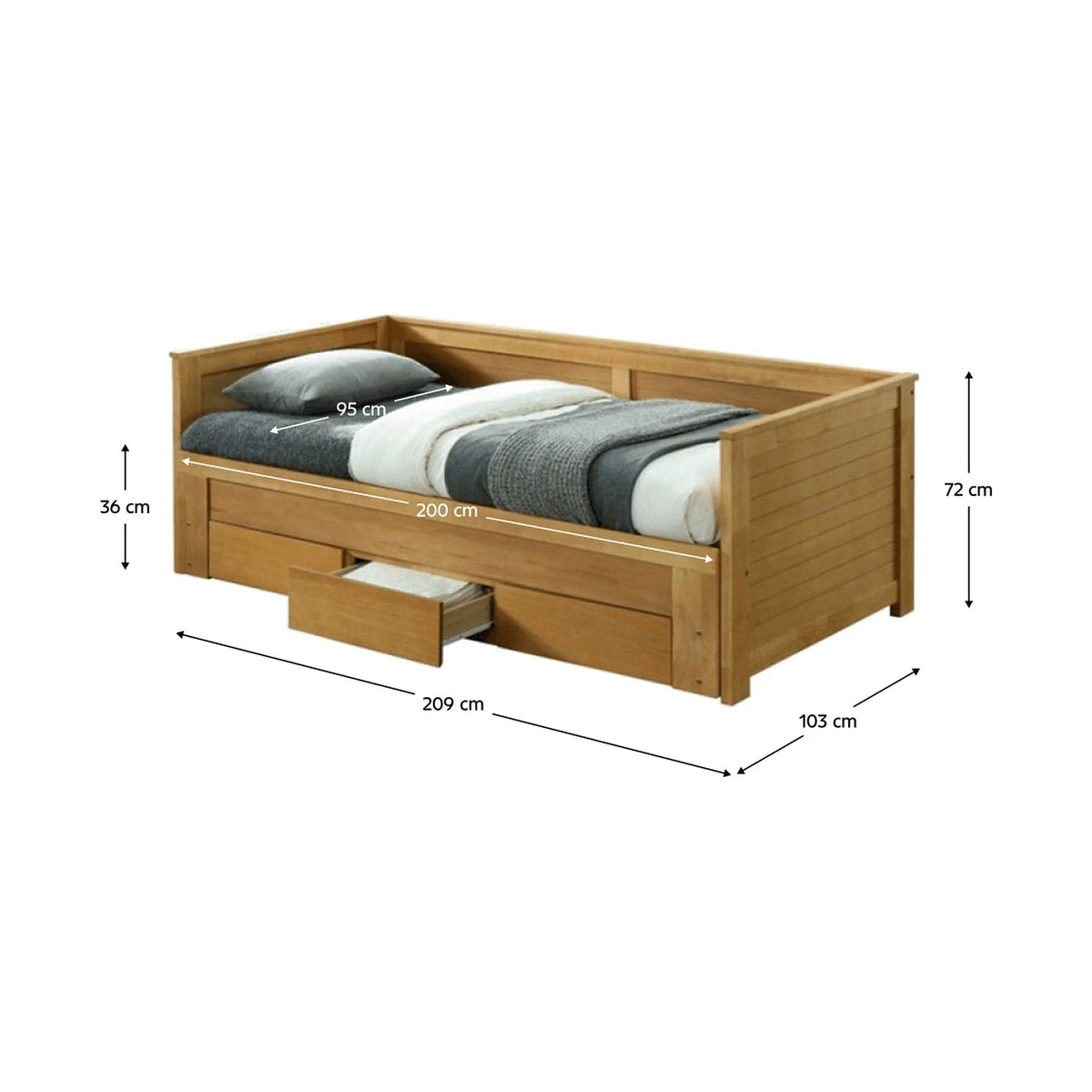 Pat extensibil GORETA 90x200/180x200, stejar, cu somiera si 3 sertare