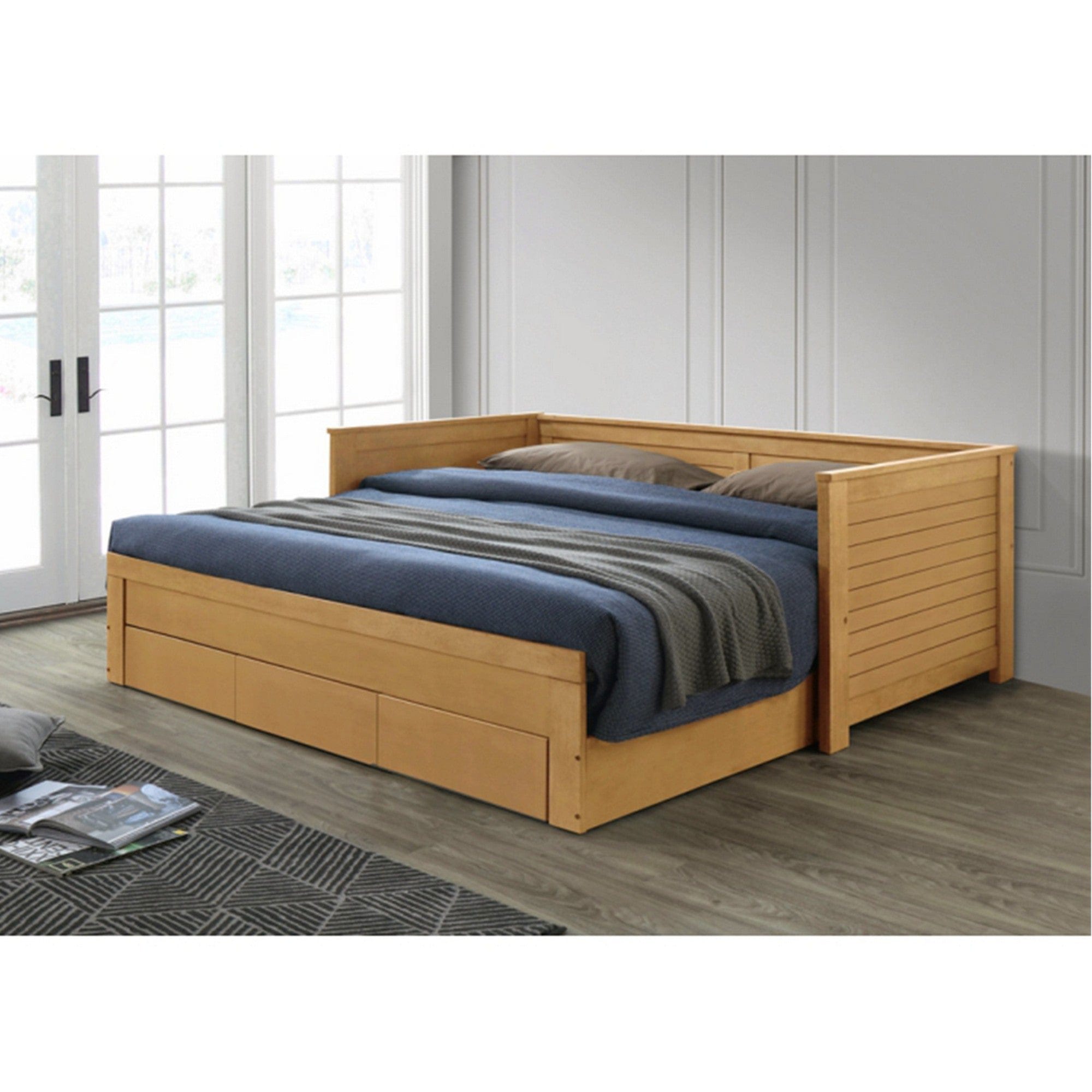 Pat extensibil GORETA 90x200/180x200, stejar, cu somiera si 3 sertare