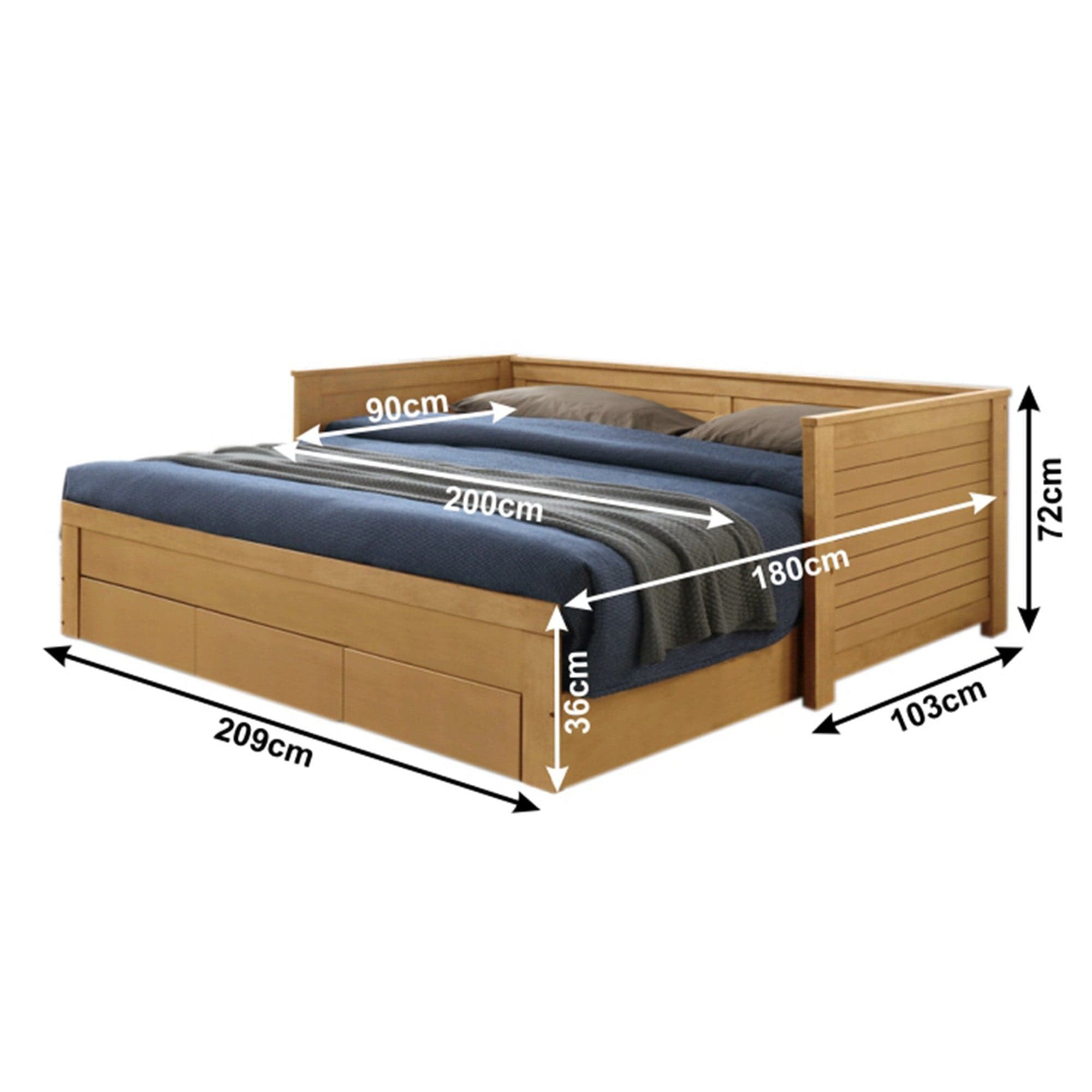 Pat extensibil GORETA 90x200/180x200, stejar, cu somiera si 3 sertare