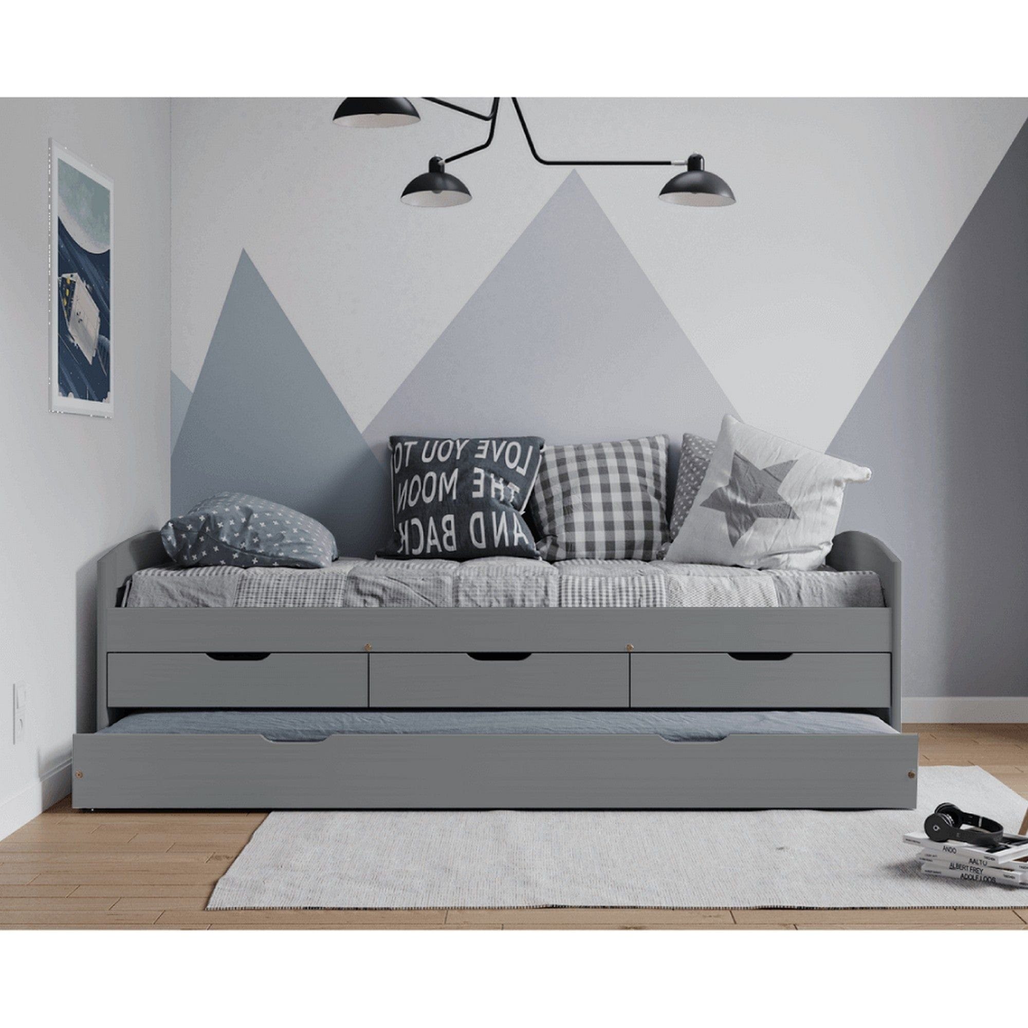 Pat extensibil MARINELLA NEW 90x200, gri, lemn/metal, cu somiera si sertare