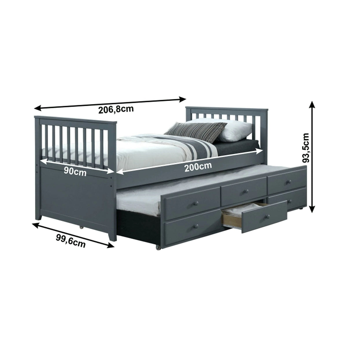 Pat extensibil pentru copii AUSTIN NEW 90x200, gri antracit, cu somiere si 3 spatii depozitare