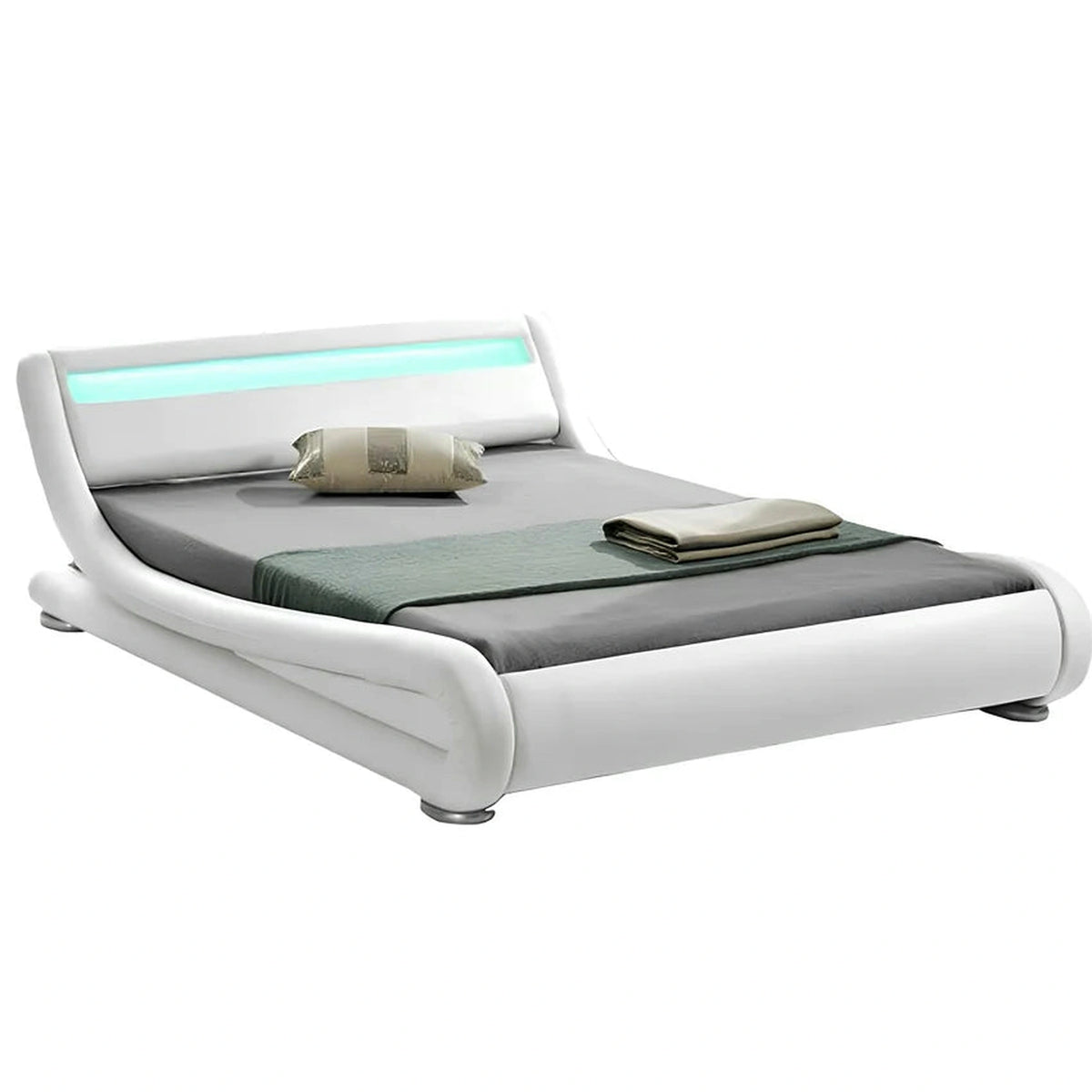 Pat FILIDA 160x200, alb, piele ecologica/PAL/metal/lemn, cu iluminare LED si somiera