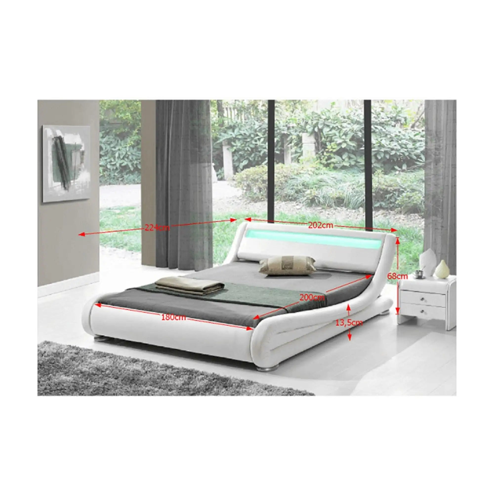 Pat FILIDA 180x200, alb, piele ecologica/PAL, cu iluminare LED si somiera