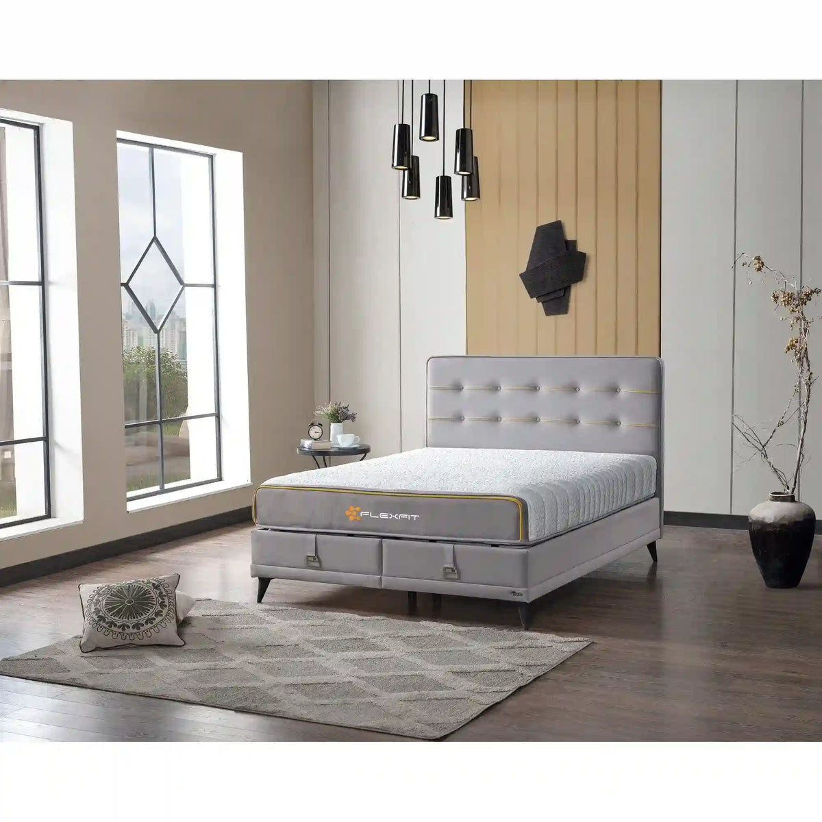 Pat FLEXFIT 160x200, stofa catifelata gri deschis - Evo 1055, cu somiera si spatiu depozitare