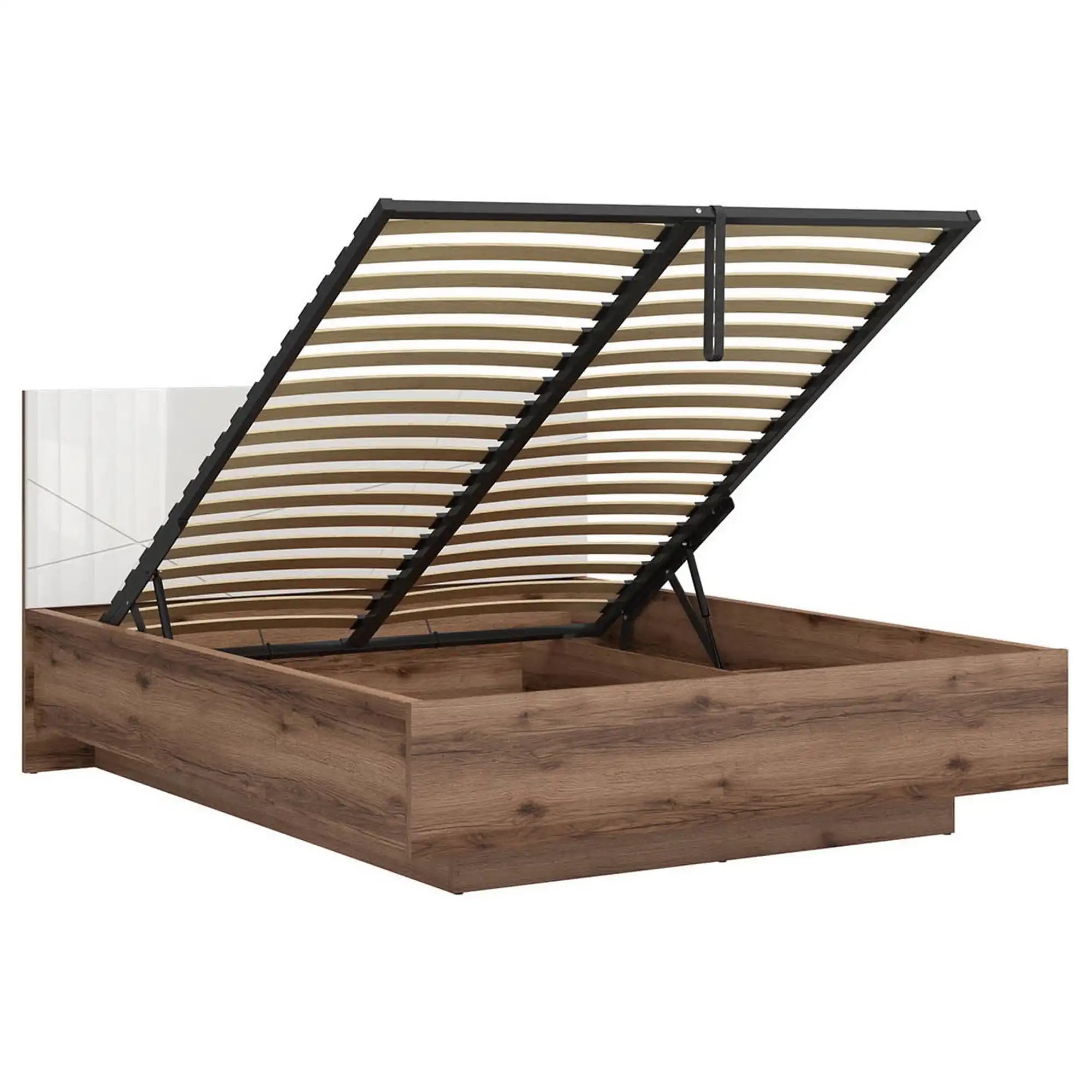 Pat FORN 160x200, stejar inchis/alb lucios, PAL laminat, cu somiera si lada depozitare