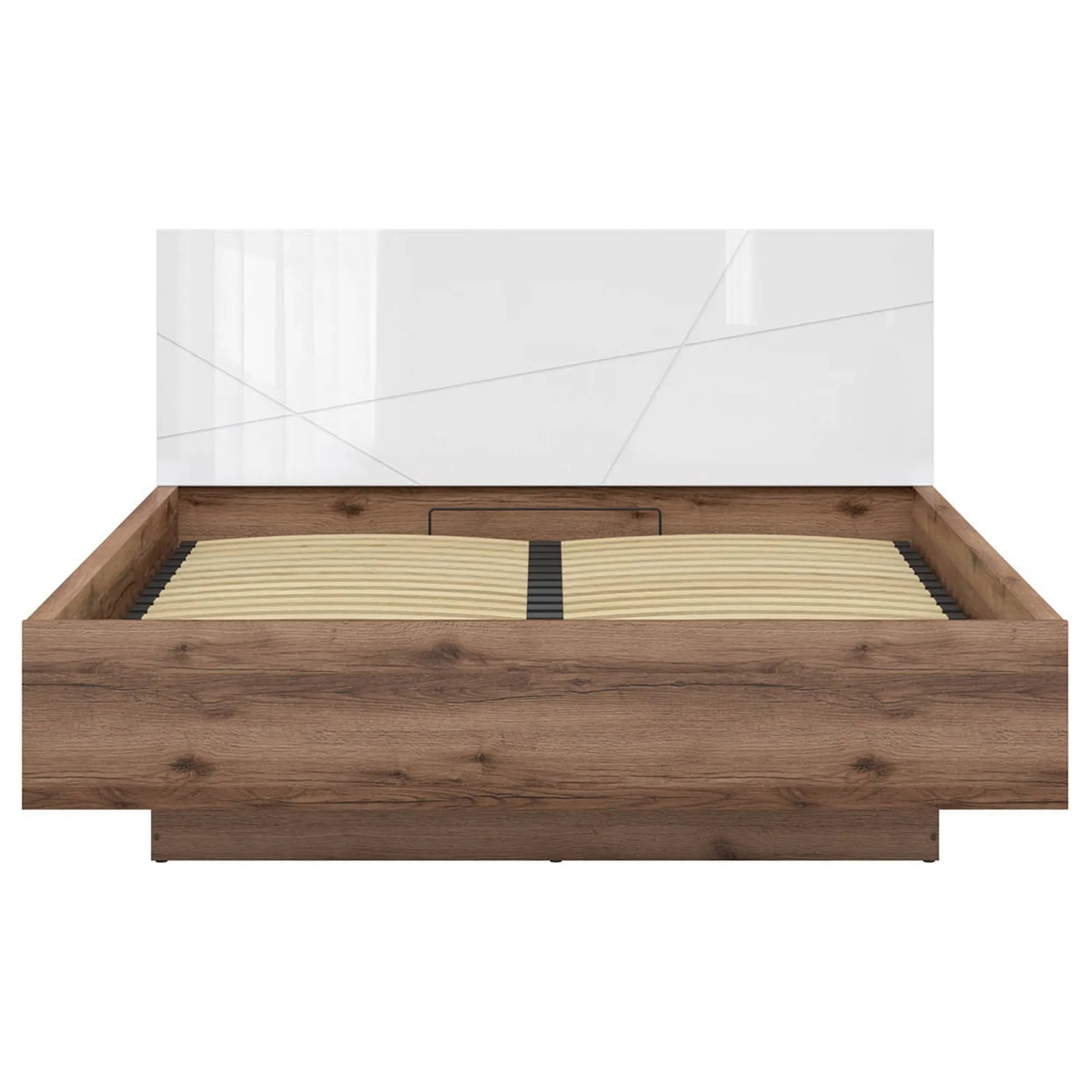 Pat FORN 160x200, stejar inchis/alb lucios, PAL laminat, cu somiera si lada depozitare