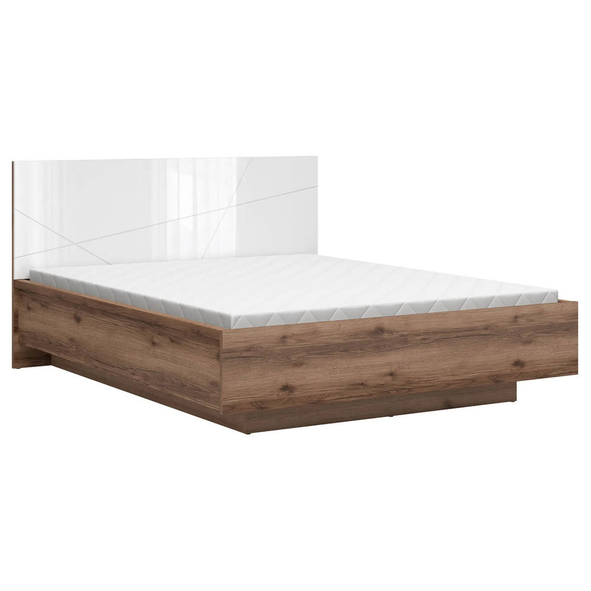 Pat FORN 160x200, stejar inchis/alb lucios, PAL laminat, cu somiera si lada depozitare