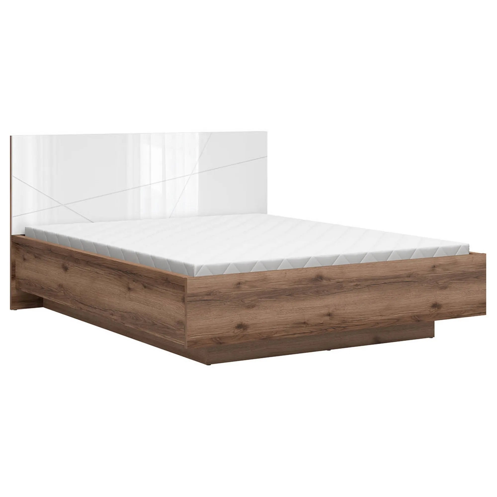 Pat FORN 160x200, stejar inchis/alb lucios, PAL laminat, cu somiera si lada depozitare