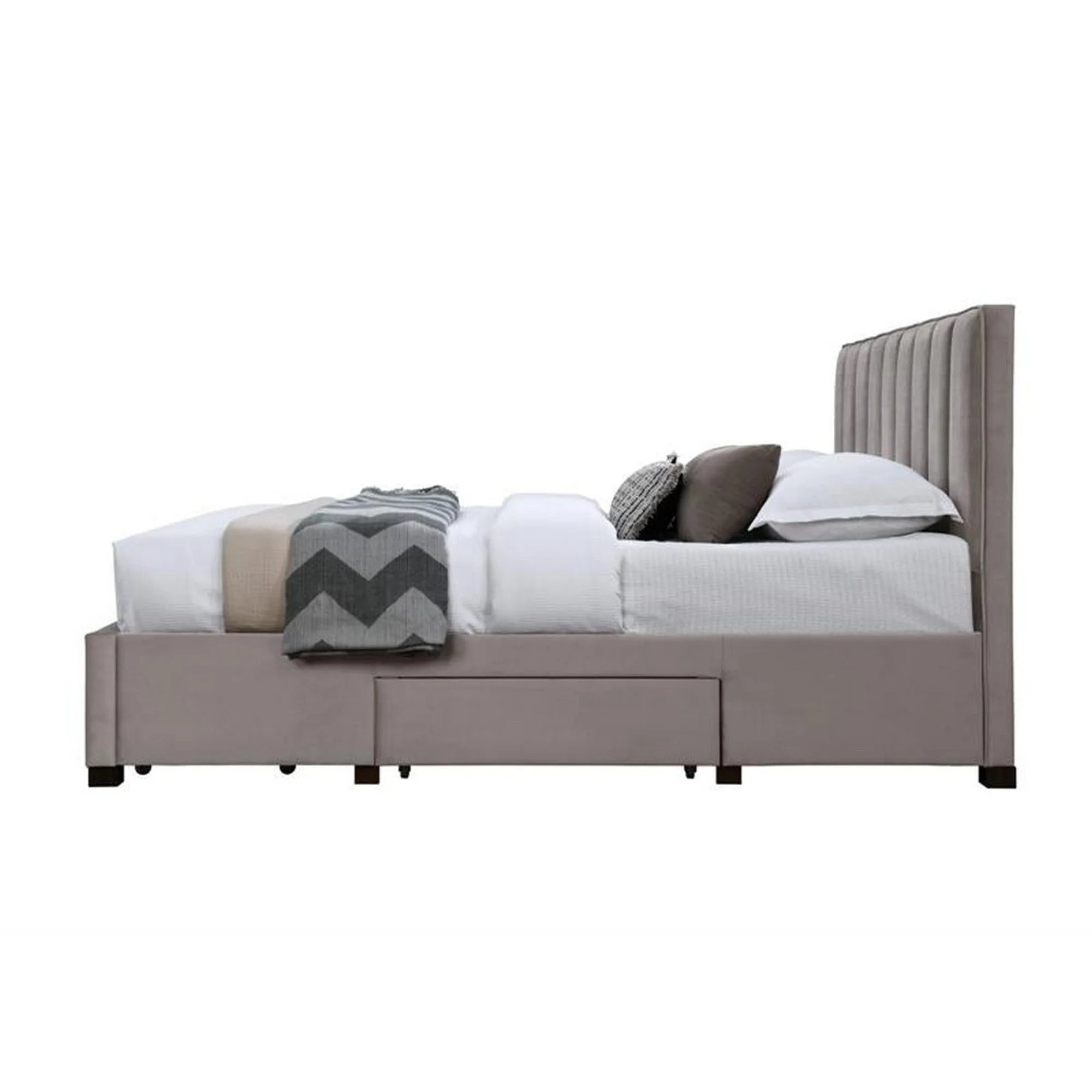 Pat GRACE 160x200, stofa catifelata bej, cu somiera si spatiu depozitare