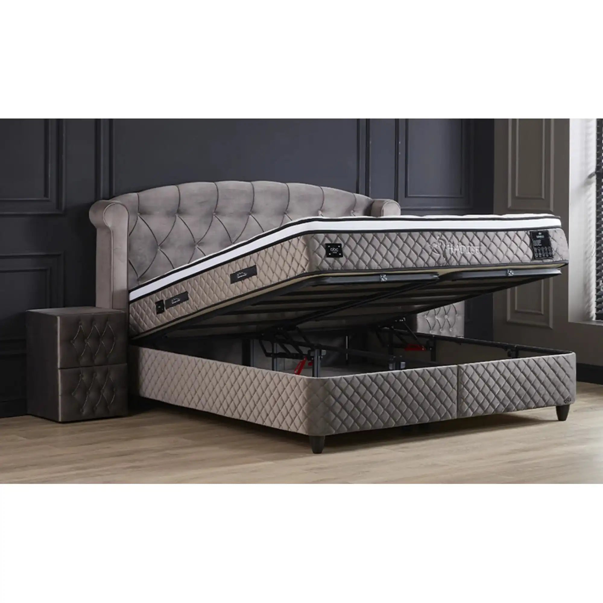 Pat Hadise 160x200, stofa gri, cu somiera si lada pentru depozitare