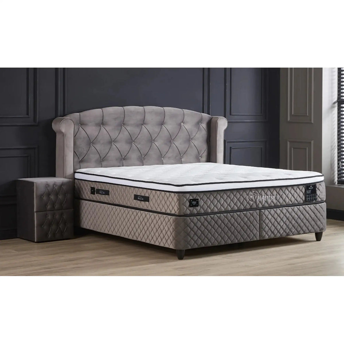 Pat Hadise 180x200, stofa gri, cu somiera si lada pentru depozitare