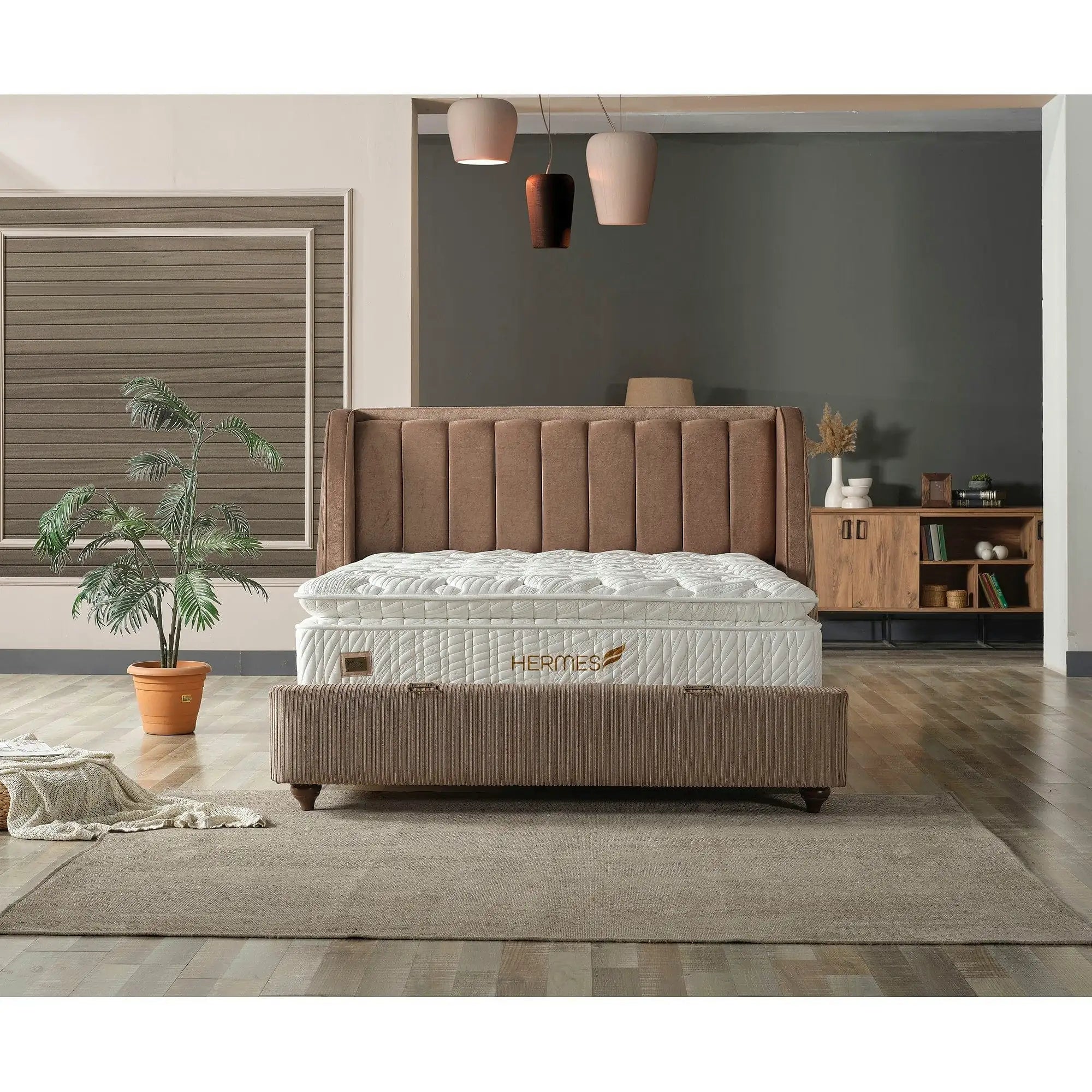 Pat HERMES 160x200, stofa catifelata maro - Velvet 266, cu somiera si spatiu depozitare
