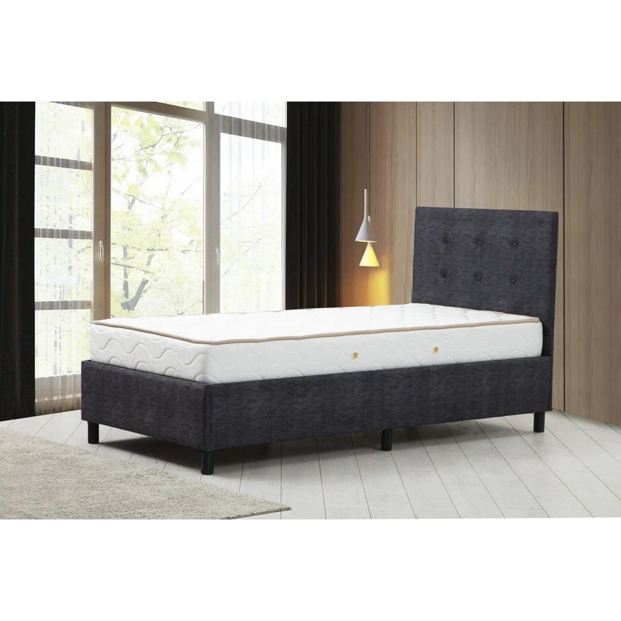 Pat HIRA 90x190, stofa clasica gri antracit, cu saltea si suport saltea