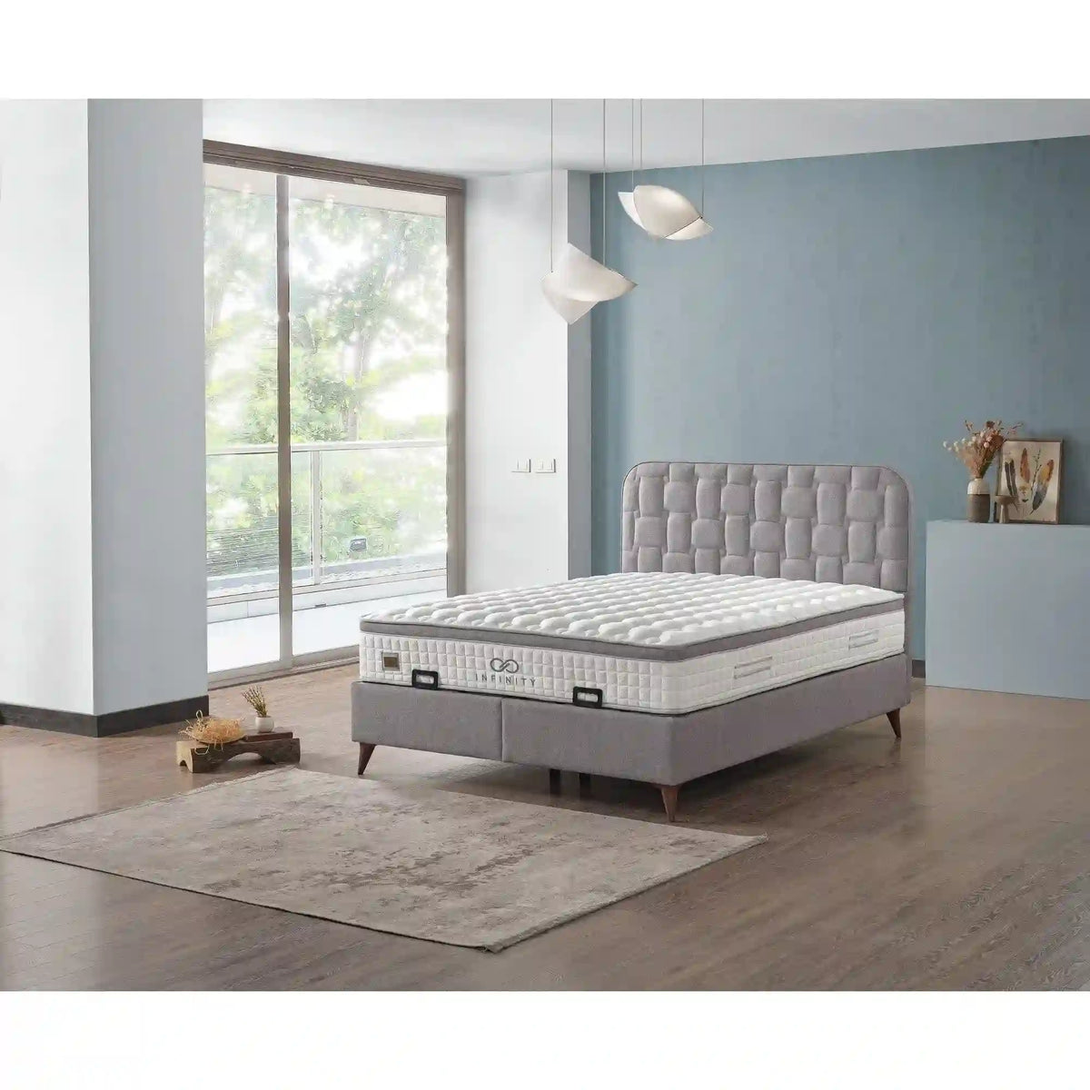 Pat INFINITY 160x200, stofa clasica gri - Linum 660, cu somiera si spatiu depozitare