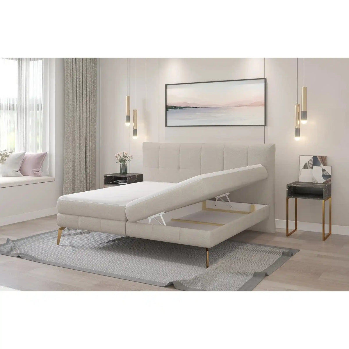 Pat JOLIN 140x200, personalizabil materiale Gama Premium, cu saltea, spatiu depozitare si pistoane