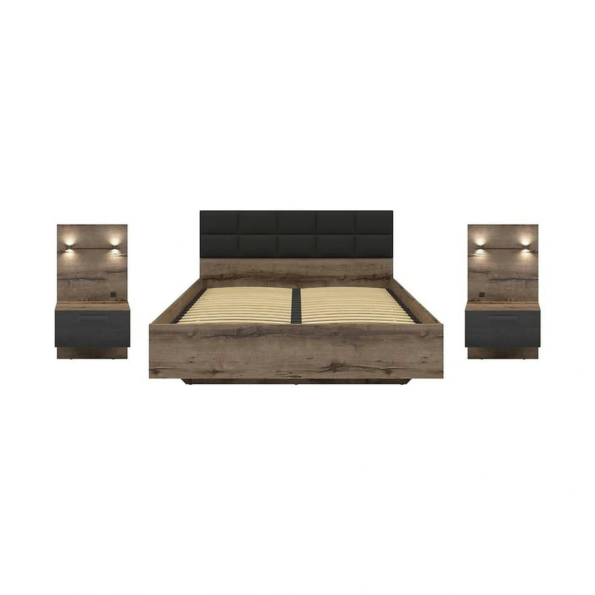 Pat KASSEL 160x200, nuc/negru, PAL/piele ecologica, cu somiera, spatiu depozitare, iluminare LED si 2 noptiere