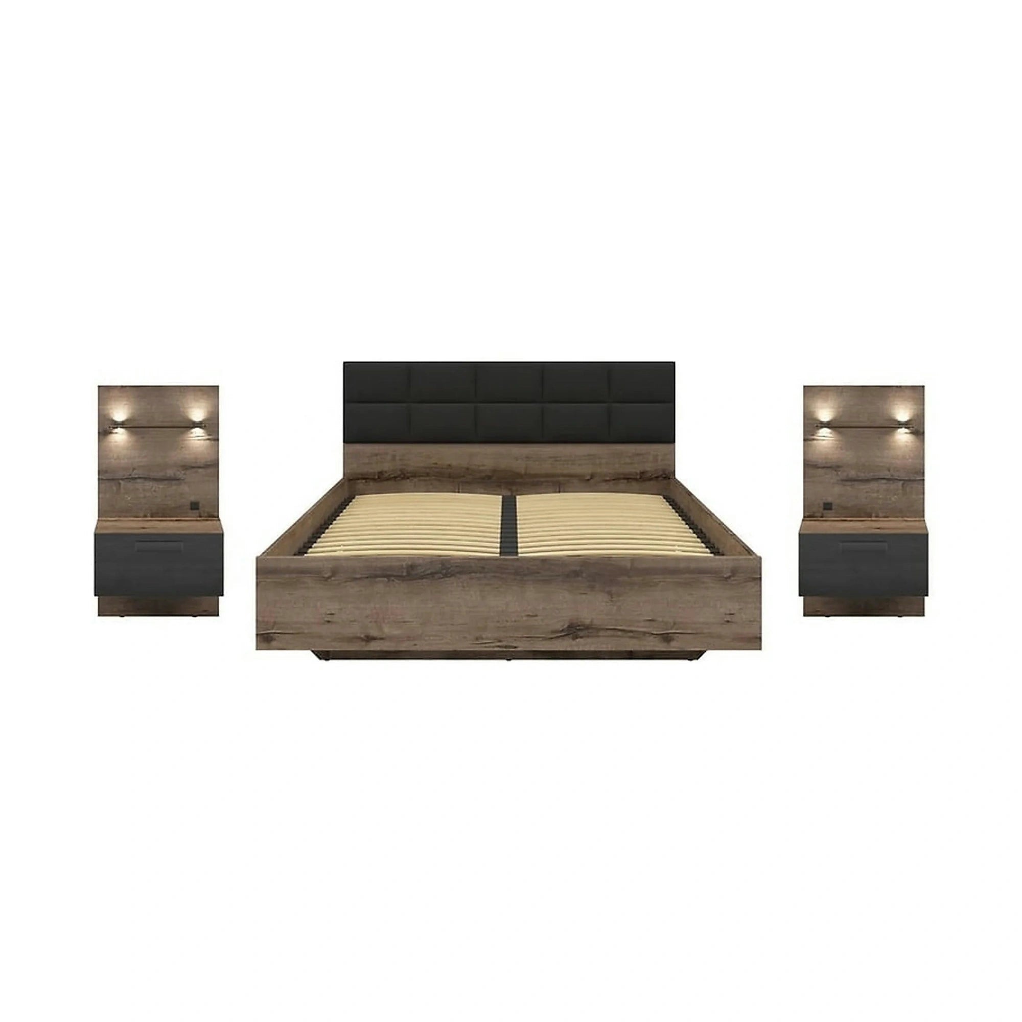Pat KASSEL 160x200, nuc/negru, PAL/piele ecologica, cu somiera, spatiu depozitare, iluminare LED si 2 noptiere