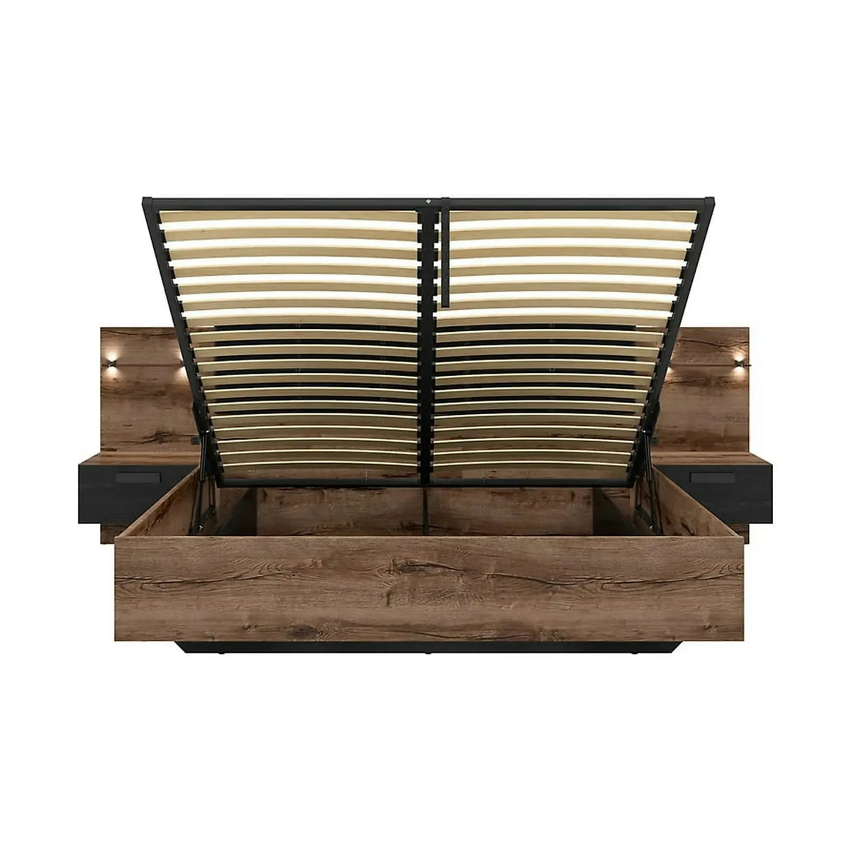 Pat KASSEL 160x200, nuc/negru, PAL/piele ecologica, cu somiera, spatiu depozitare, iluminare LED si 2 noptiere
