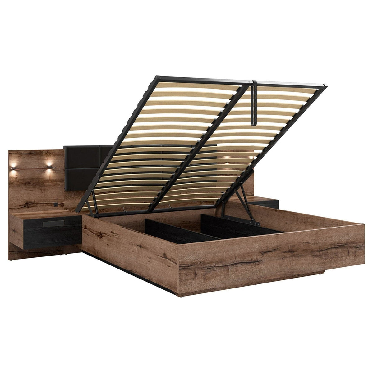 Pat KASSEL 160x200, nuc/negru, PAL/piele ecologica, cu somiera, spatiu depozitare, iluminare LED si 2 noptiere integrate