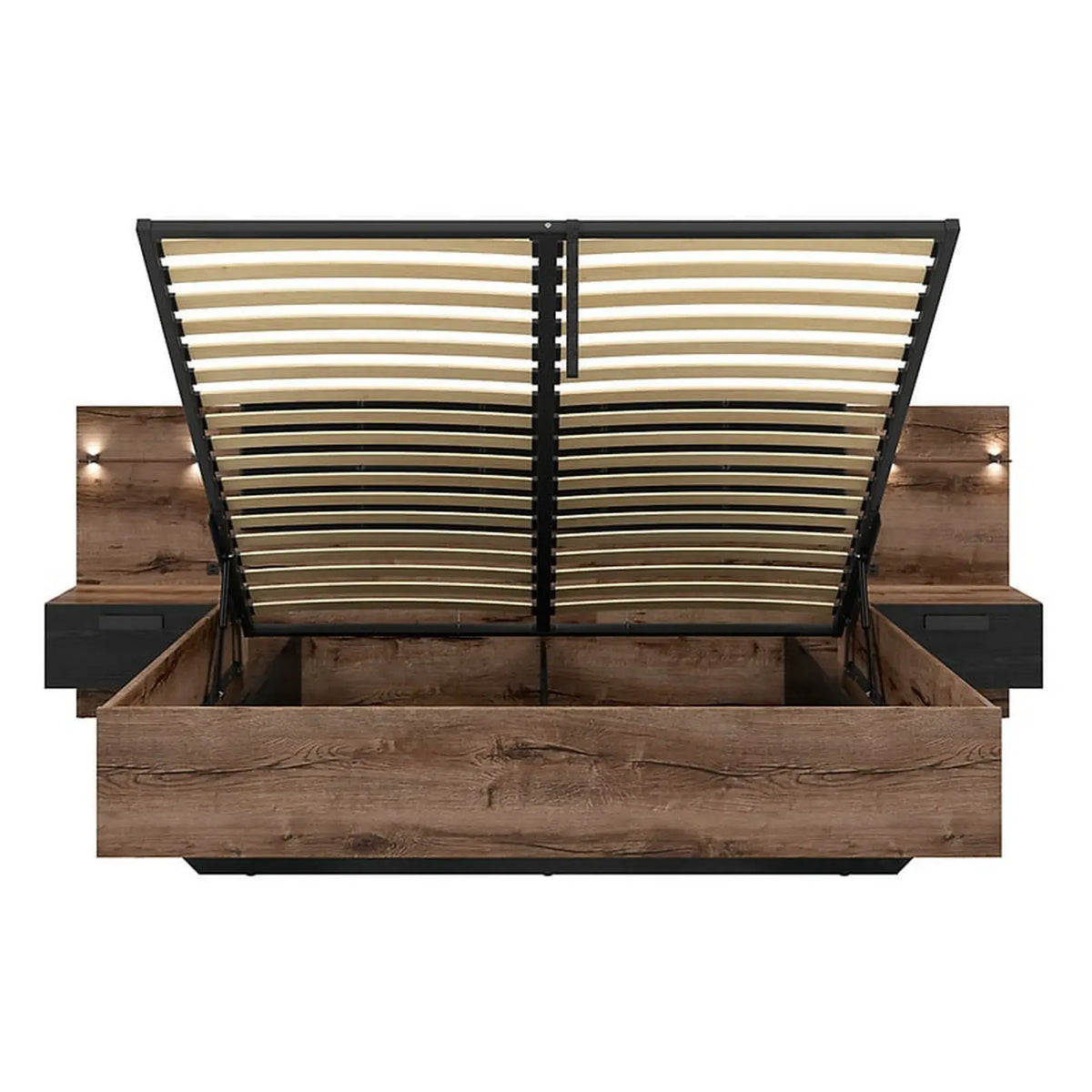 Pat KASSEL 160x200, nuc/negru, PAL/piele ecologica, cu somiera, spatiu depozitare, iluminare LED si 2 noptiere