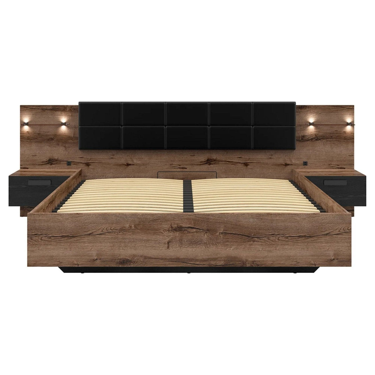 Pat KASSEL 180x200, nuc/negru, PAL/piele ecologica, cu somiera, spatiu depozitare, iluminare LED si 2 noptiere integrate