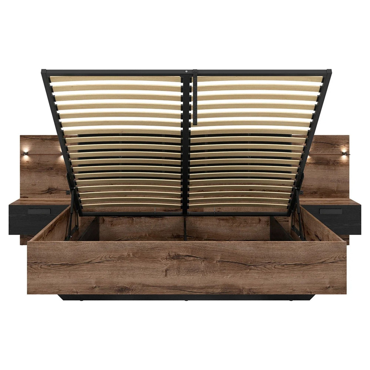 Pat KASSEL 180x200, nuc/negru, PAL/piele ecologica, cu somiera, spatiu depozitare, iluminare LED si 2 noptiere integrate
