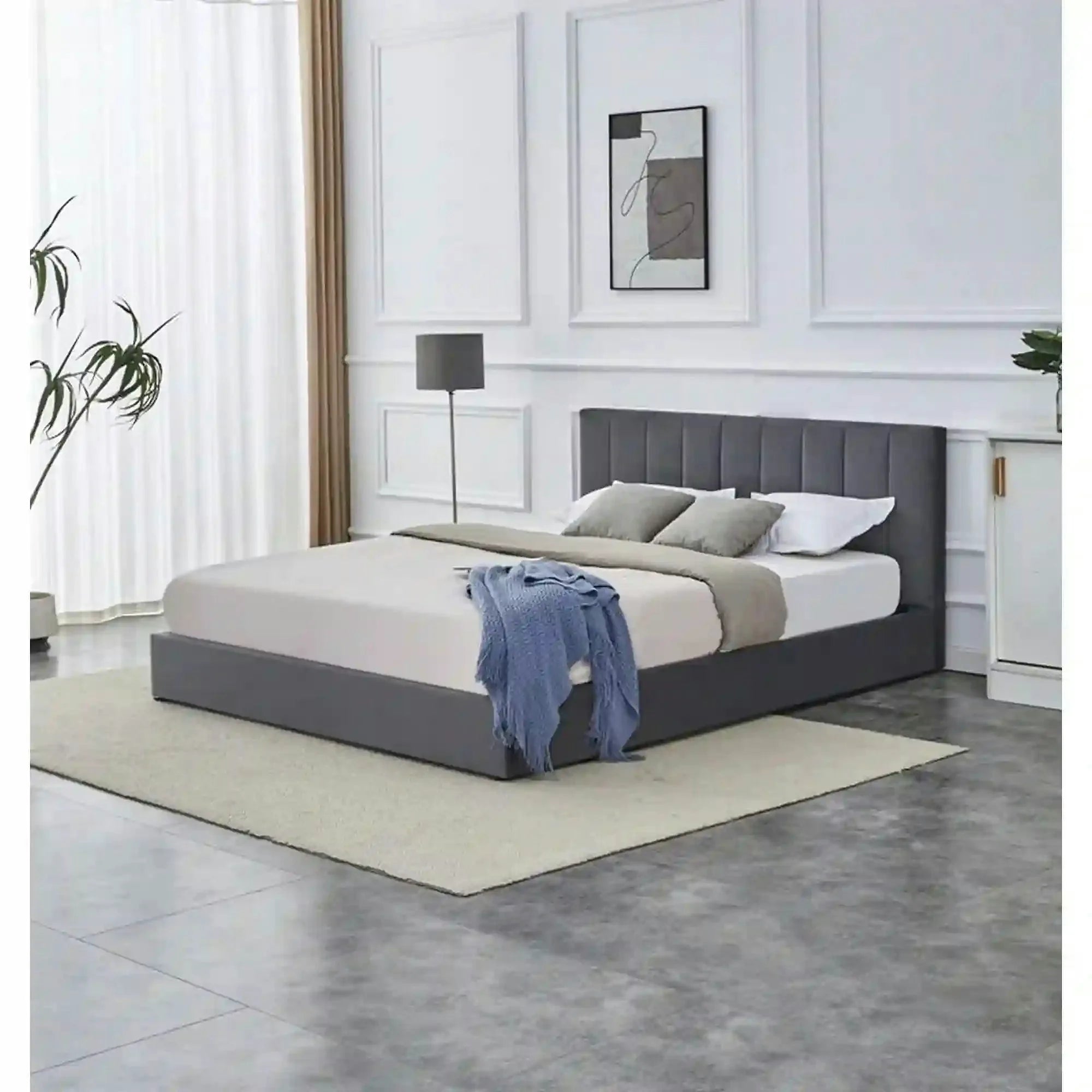 Pat KATARINA 160x200, stofa catifelata gri - Bluvel 14, cu somiera si lada depozitare