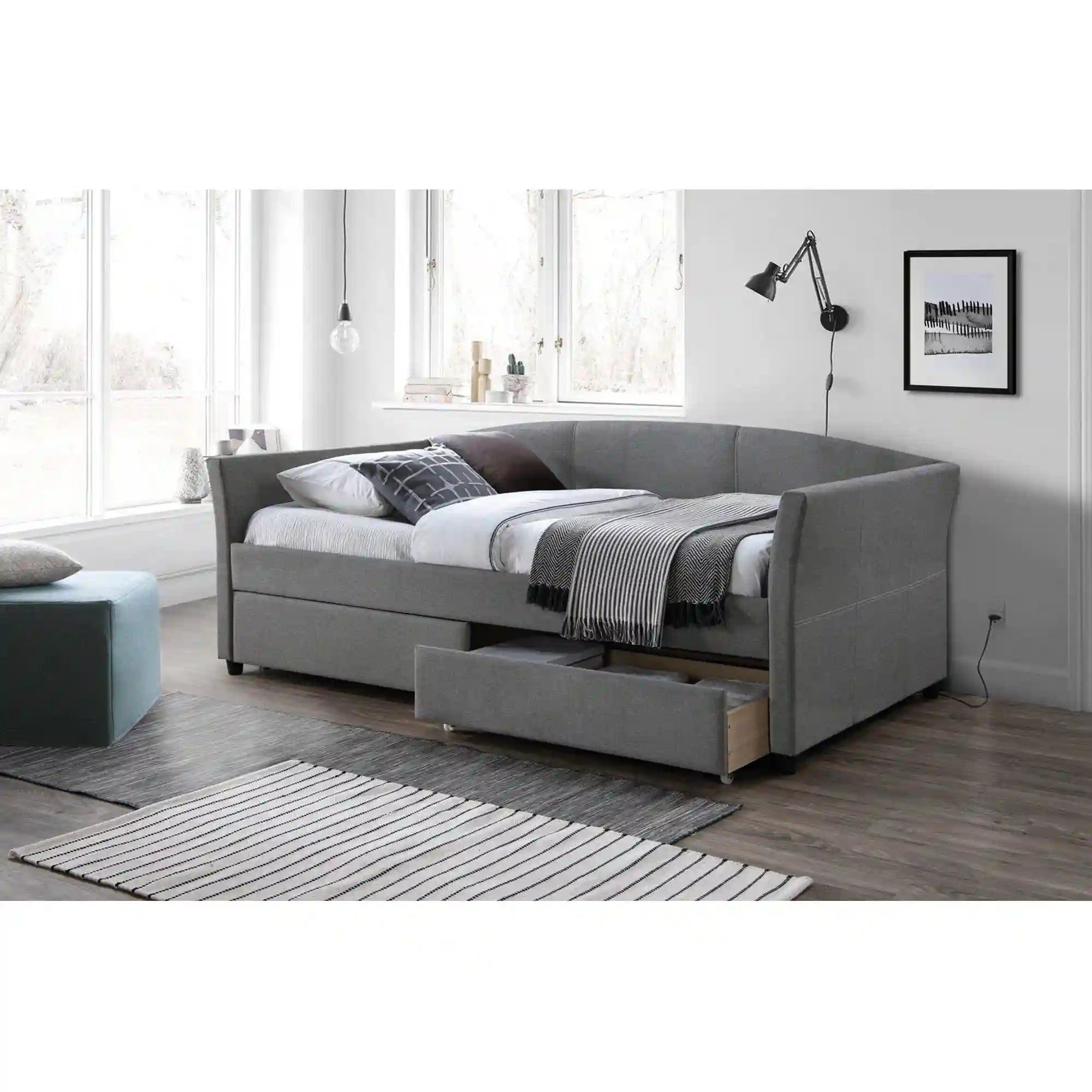 Pat LANTA 90x200, stofa gri - Tap 54, cu somiera si spatiu depozitare