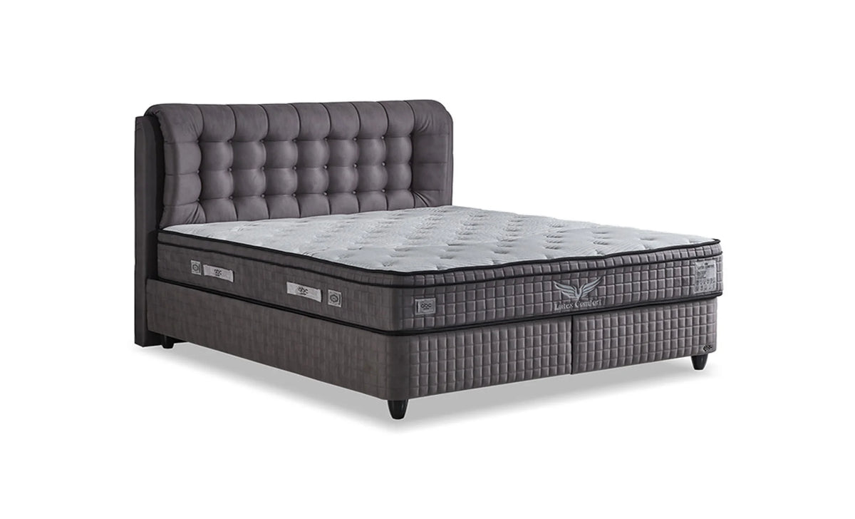 Pat Lateks Comfort 180X200, stofa gri, cu somiera si lada pentru depozitare