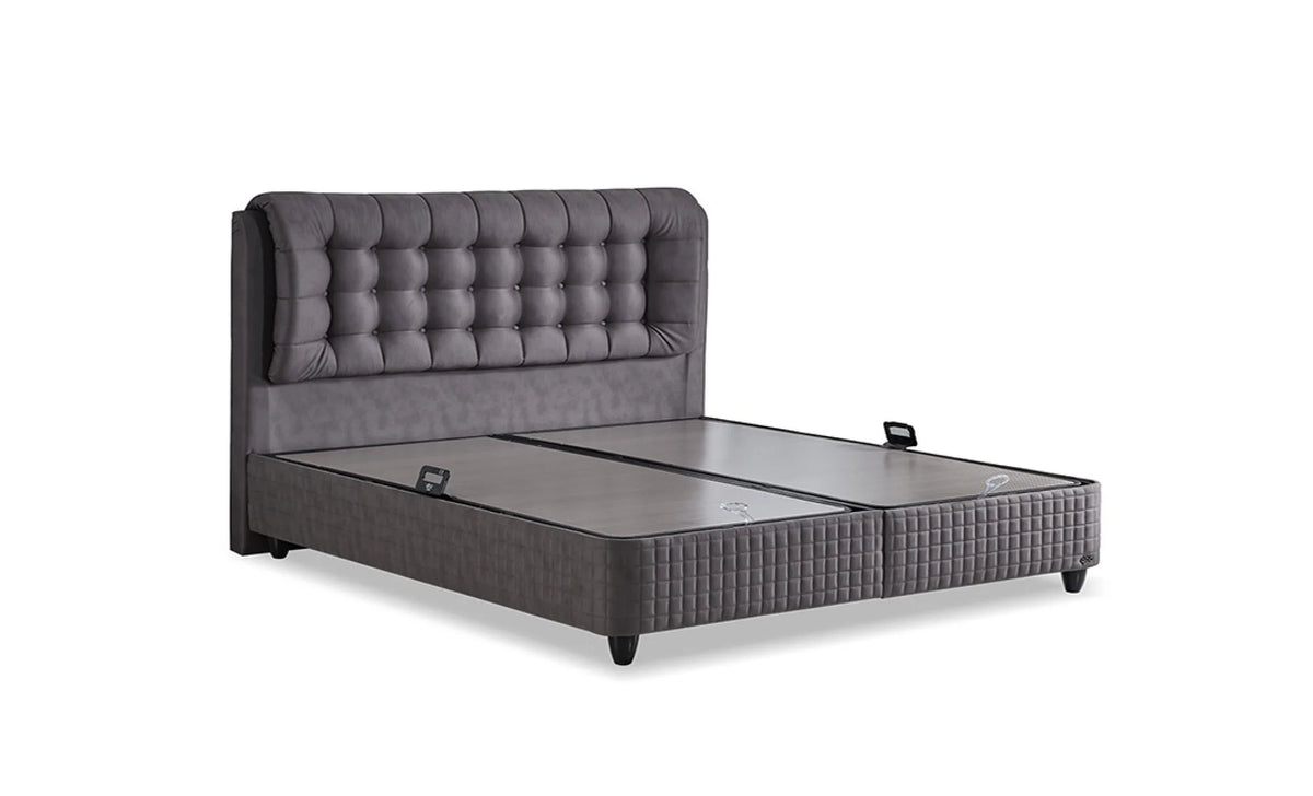 Pat Lateks Comfort 180X200, stofa gri, cu somiera si lada pentru depozitare