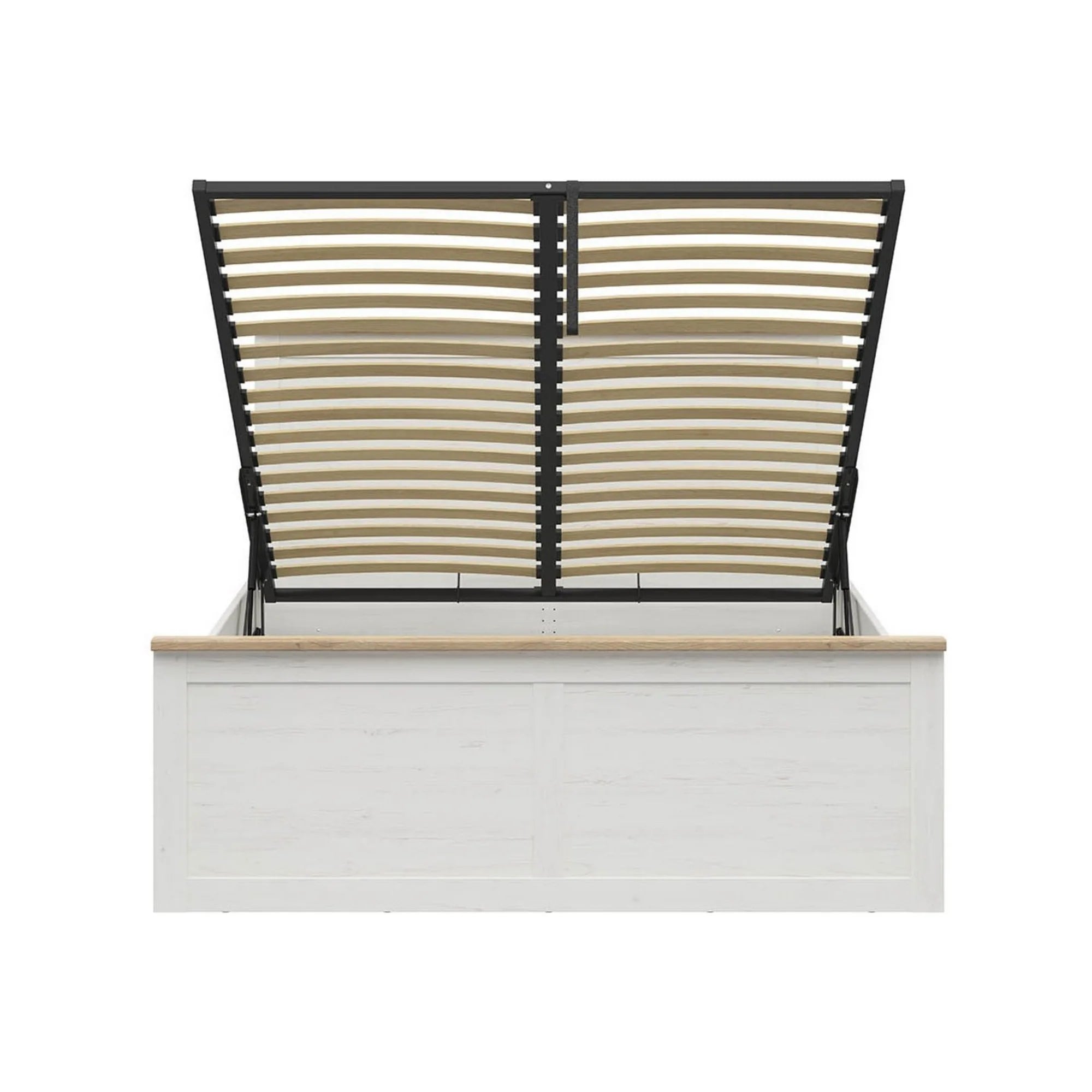 Pat LOKSA 160x200, pin alb/stejar grandson, PAL, cu somiera si spatiu depozitare