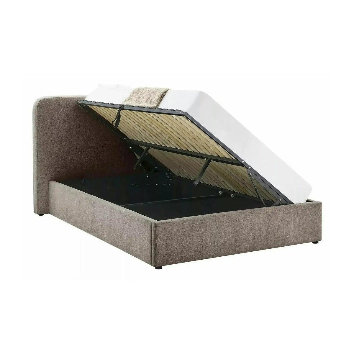 Pat LUMIA 140x200, bej închis, stofă, cu spațiu de depozitare