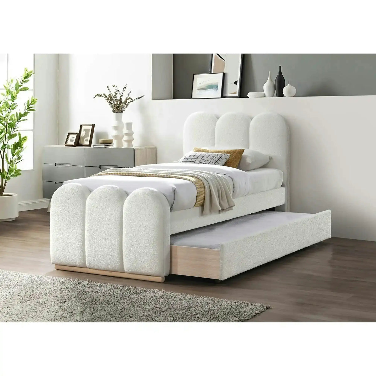 Pat MACARENA 90x200, crem, stofa boucle/lemn, cu somiera