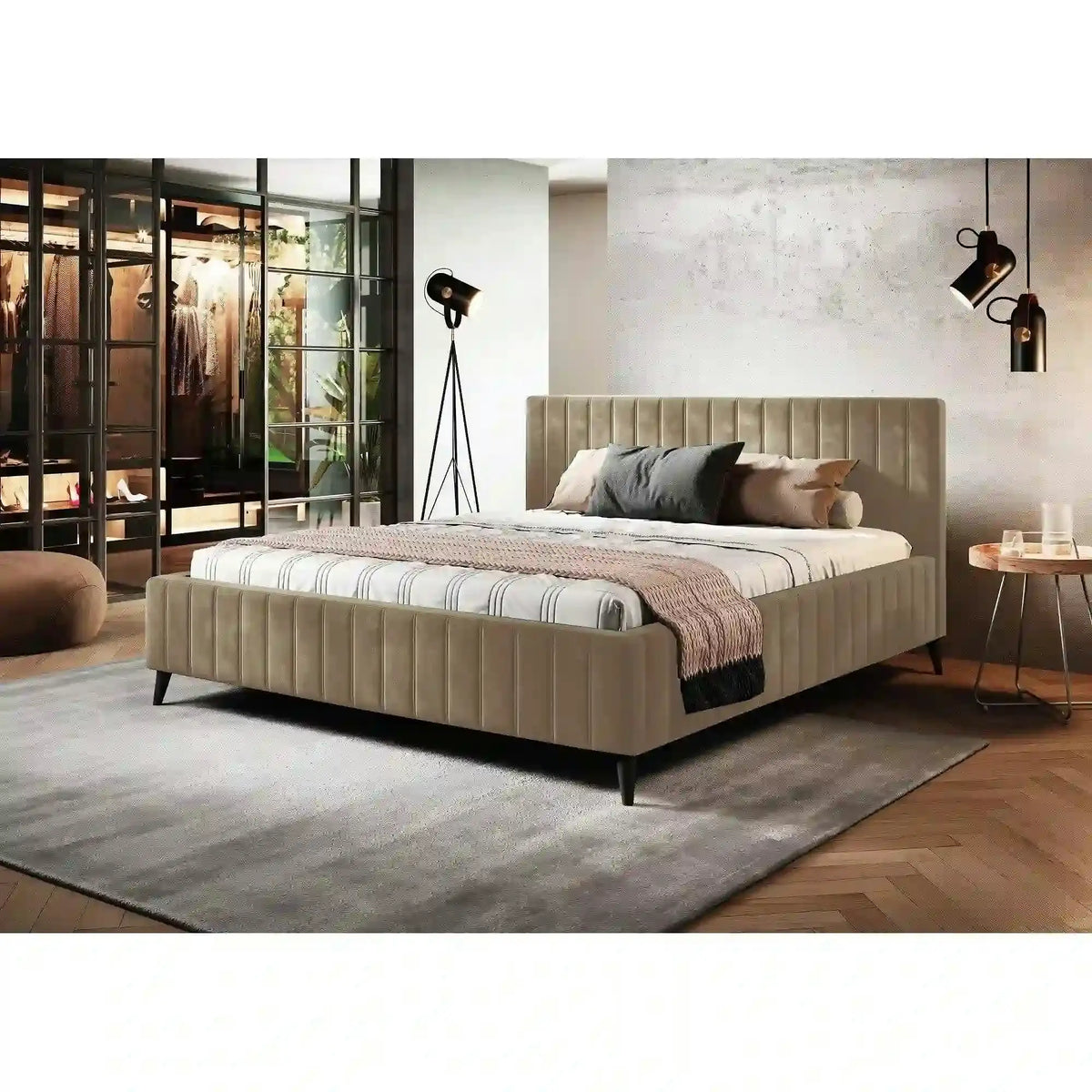 Pat MAGGIE SR 180x200, stofa catifelata bej - Riviera 16, cu suport saltea si sistem de reglare