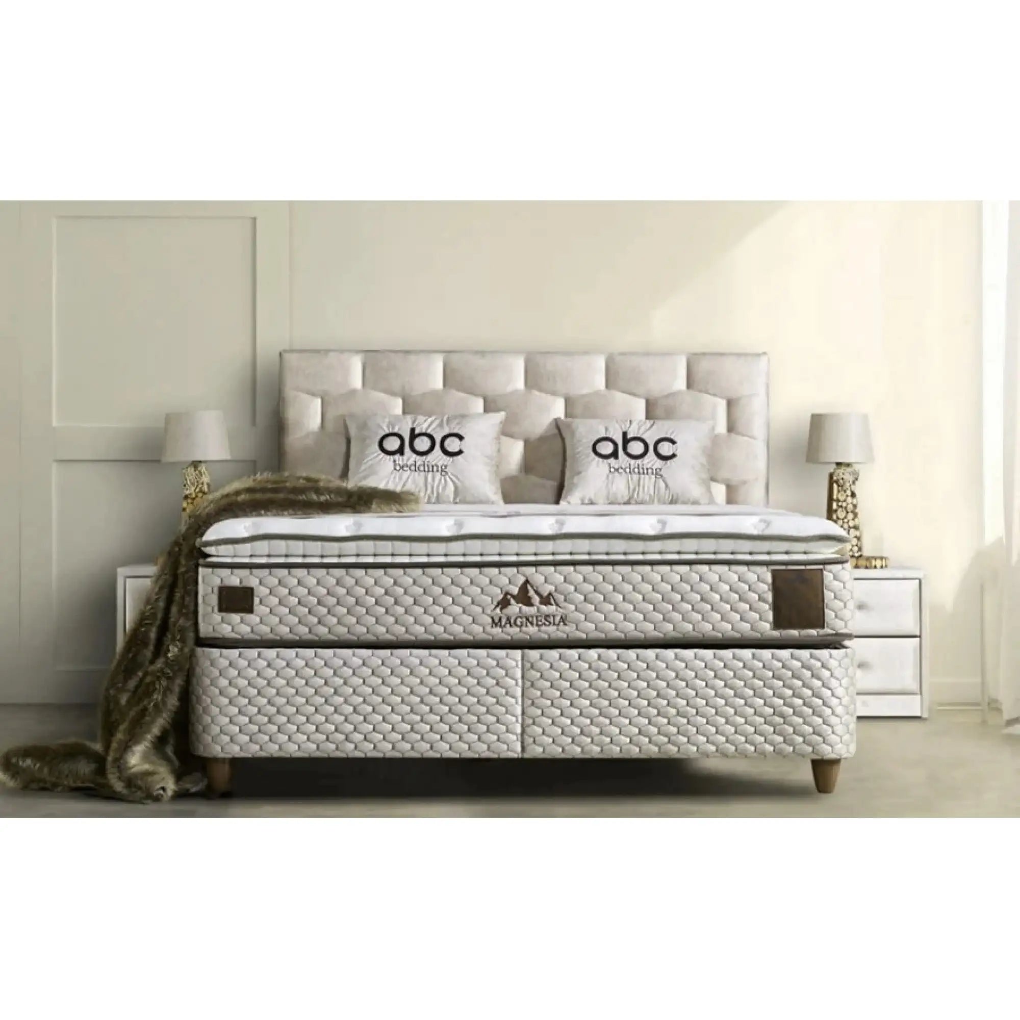 Pat Magnesia 180x200, stofa crem, cu suport saltea si lada pentru depozitare