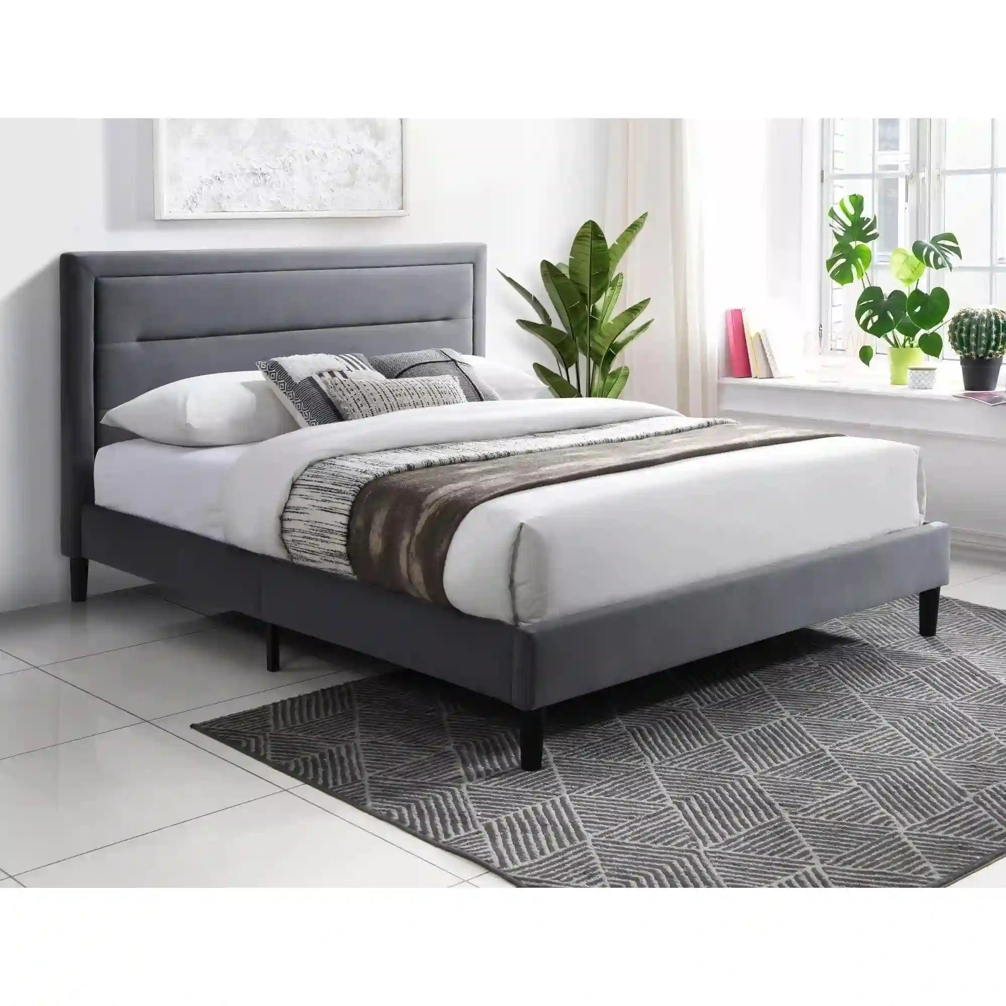 Pat MALAGA 160x200, stofa catifelata gri - Bluvel 14, cu somiera