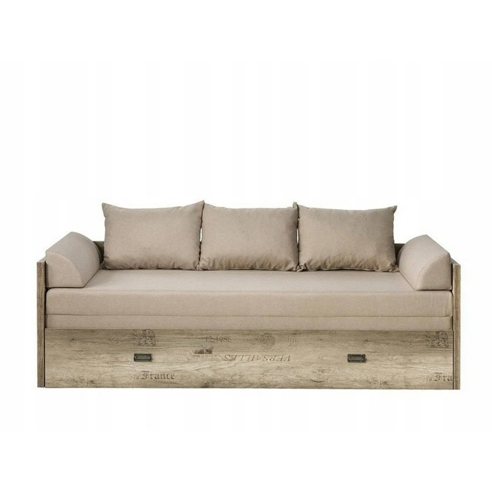 Pat MALCOLM 80/160x200, stejar/bej, PAL/stofa, cu saltea extensibila si spatiu depozitare