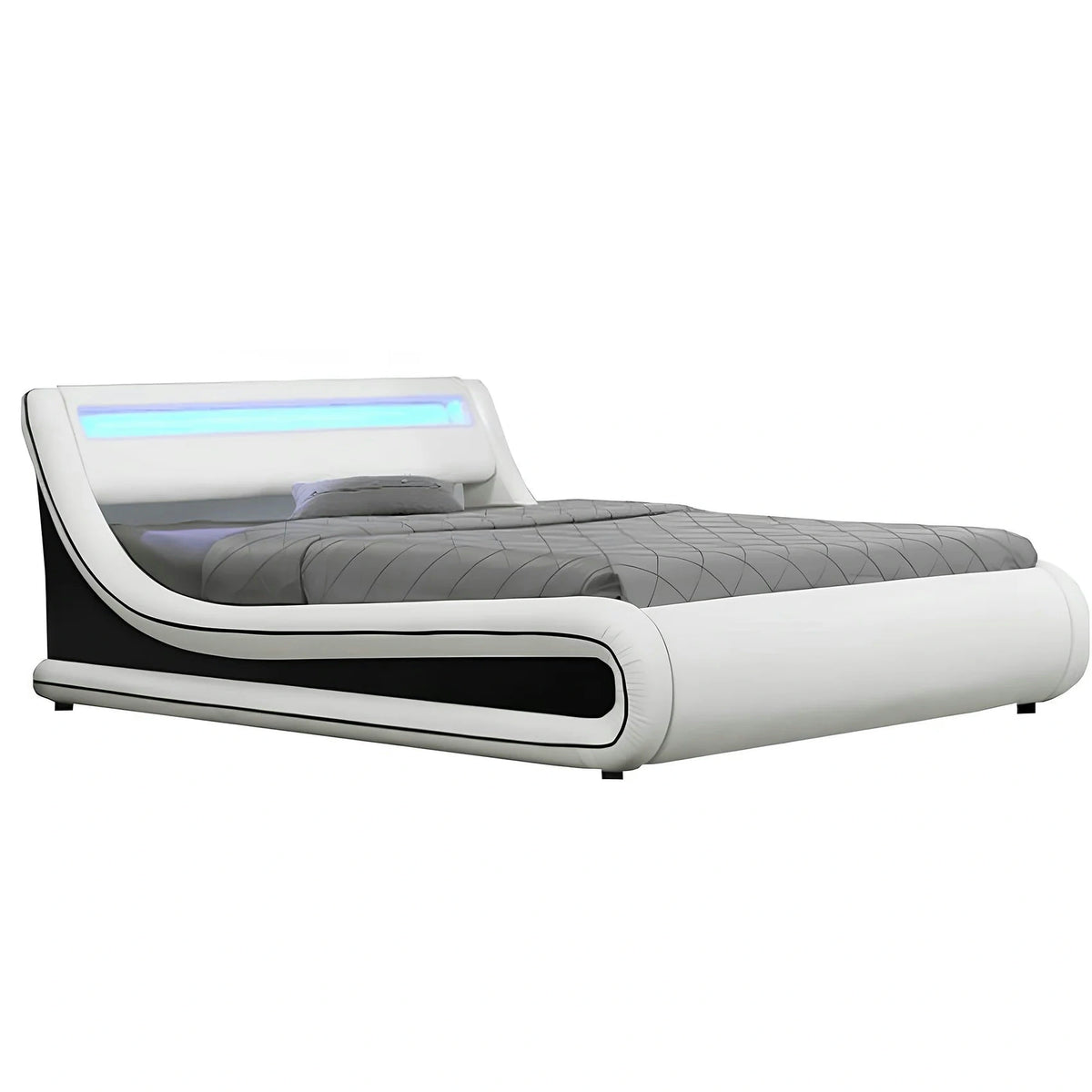 Pat MANILA NEW 180x200, alb/negru, PAL/piele ecologica, cu iluminare LED RGB, somiera si lada pentru depozitare