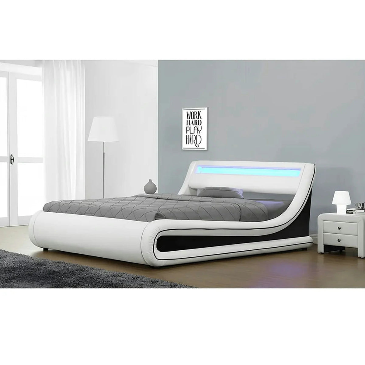 Pat MANILA NEW 180x200, alb/negru, PAL/piele ecologica, cu iluminare LED RGB, somiera si lada pentru depozitare