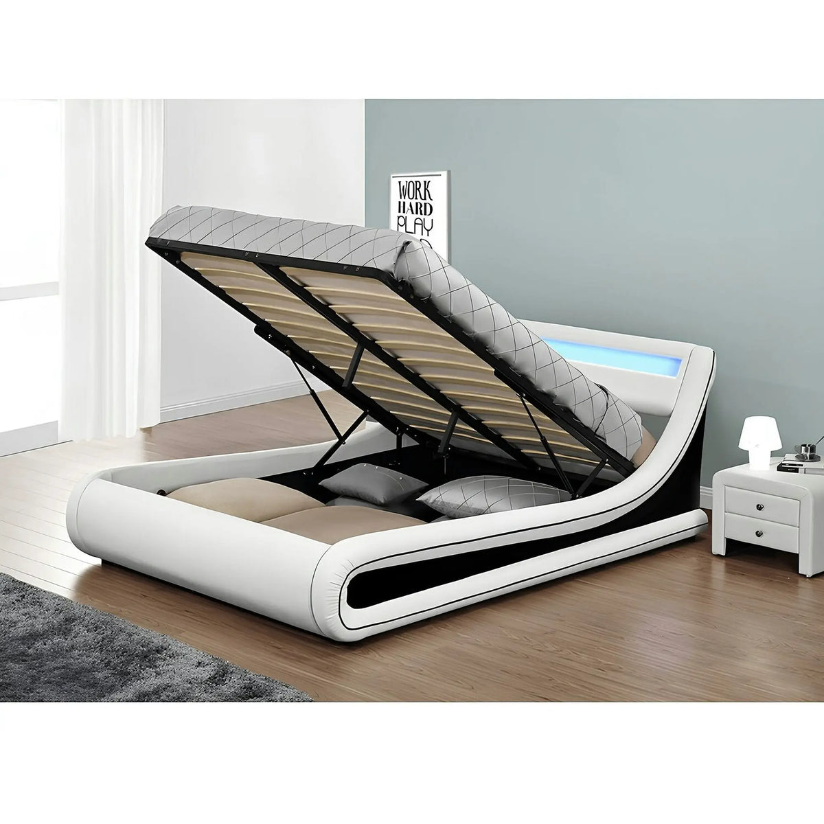 Pat MANILA NEW 180x200, alb/negru, PAL/piele ecologica, cu iluminare LED RGB, somiera si lada pentru depozitare