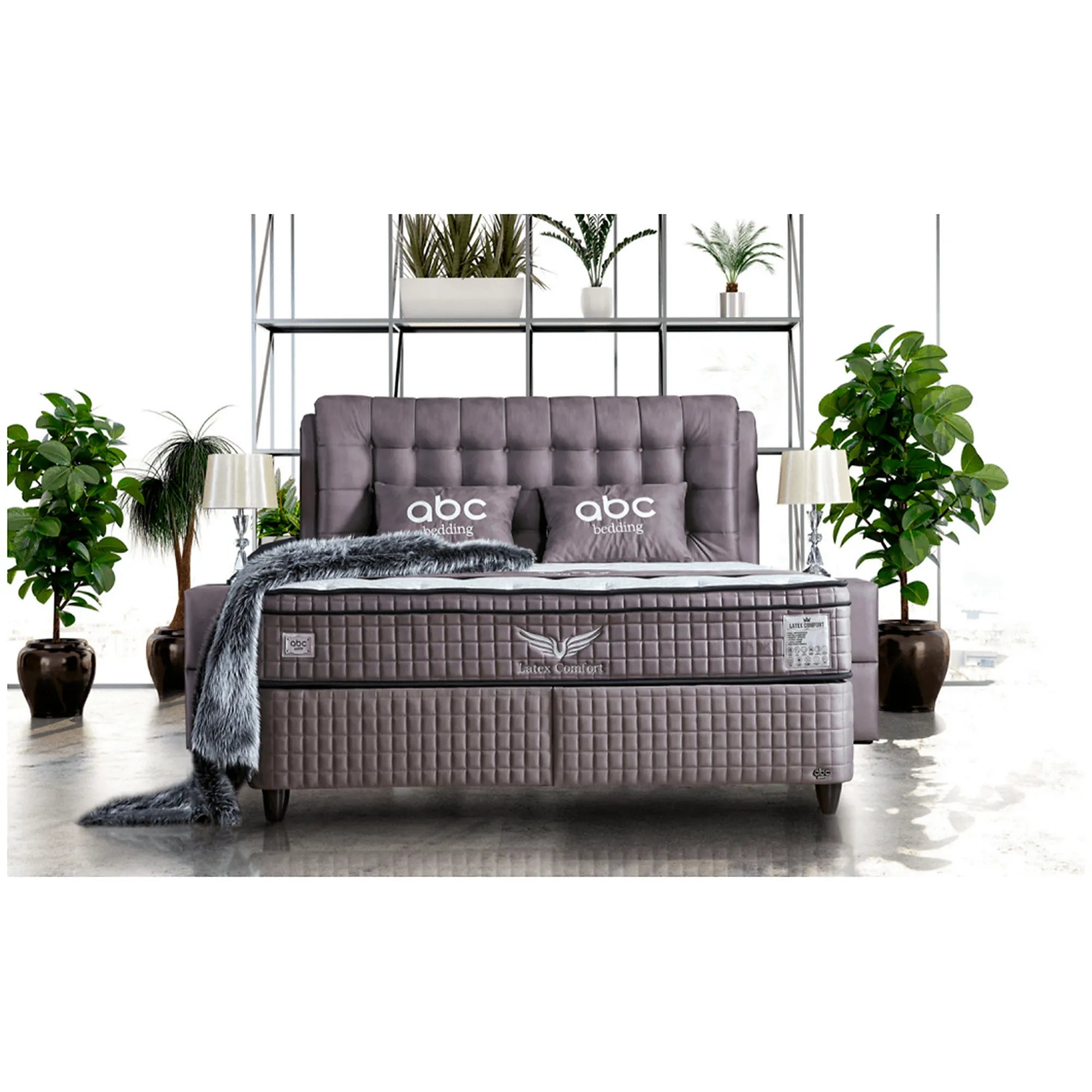 Pat matrimonial cu lada Lateks Comfort 140x200, stofa gri, cu somiera
