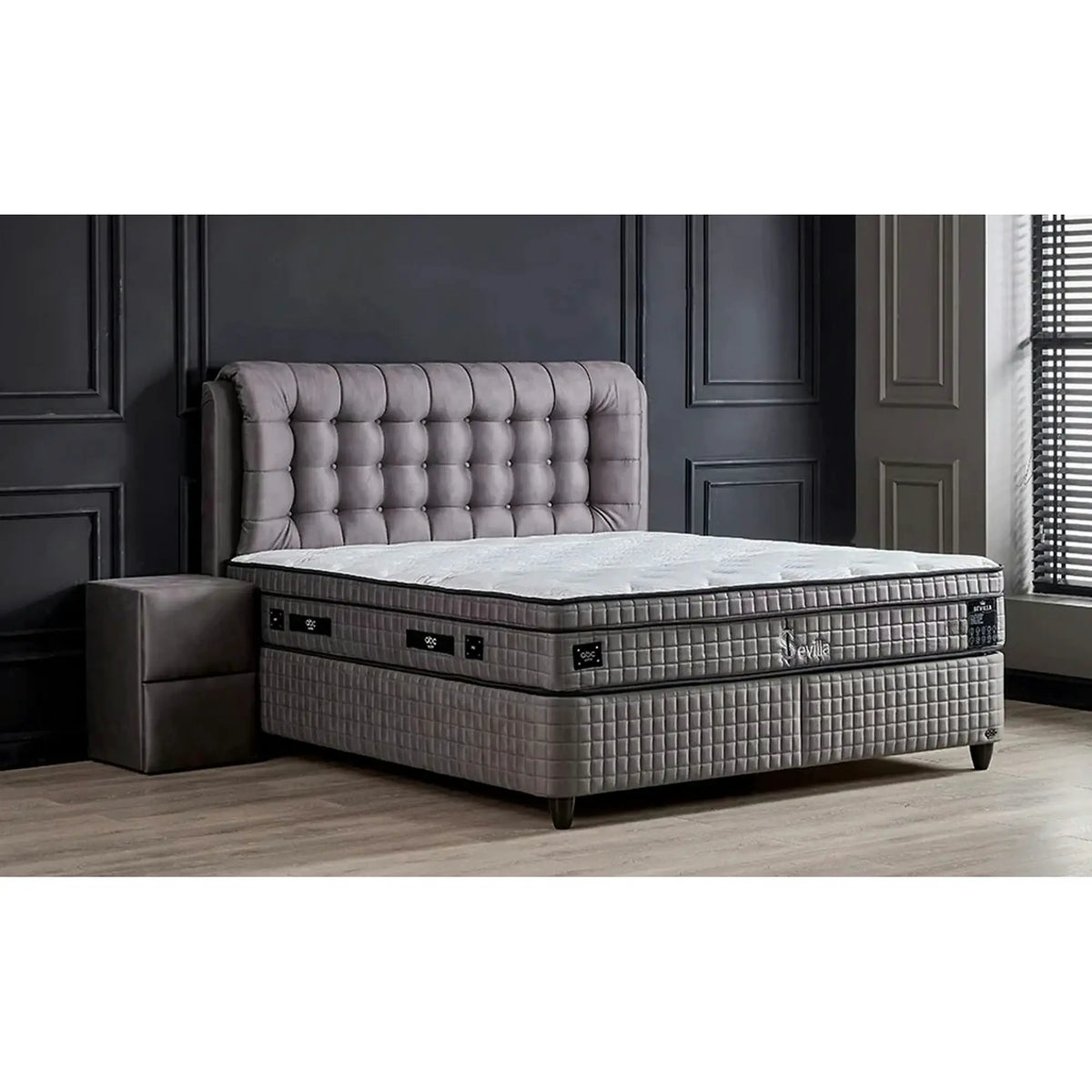 Pat matrimonial cu lada LATEKS COMFORT 160x200, stofa gri, somiera inclusa